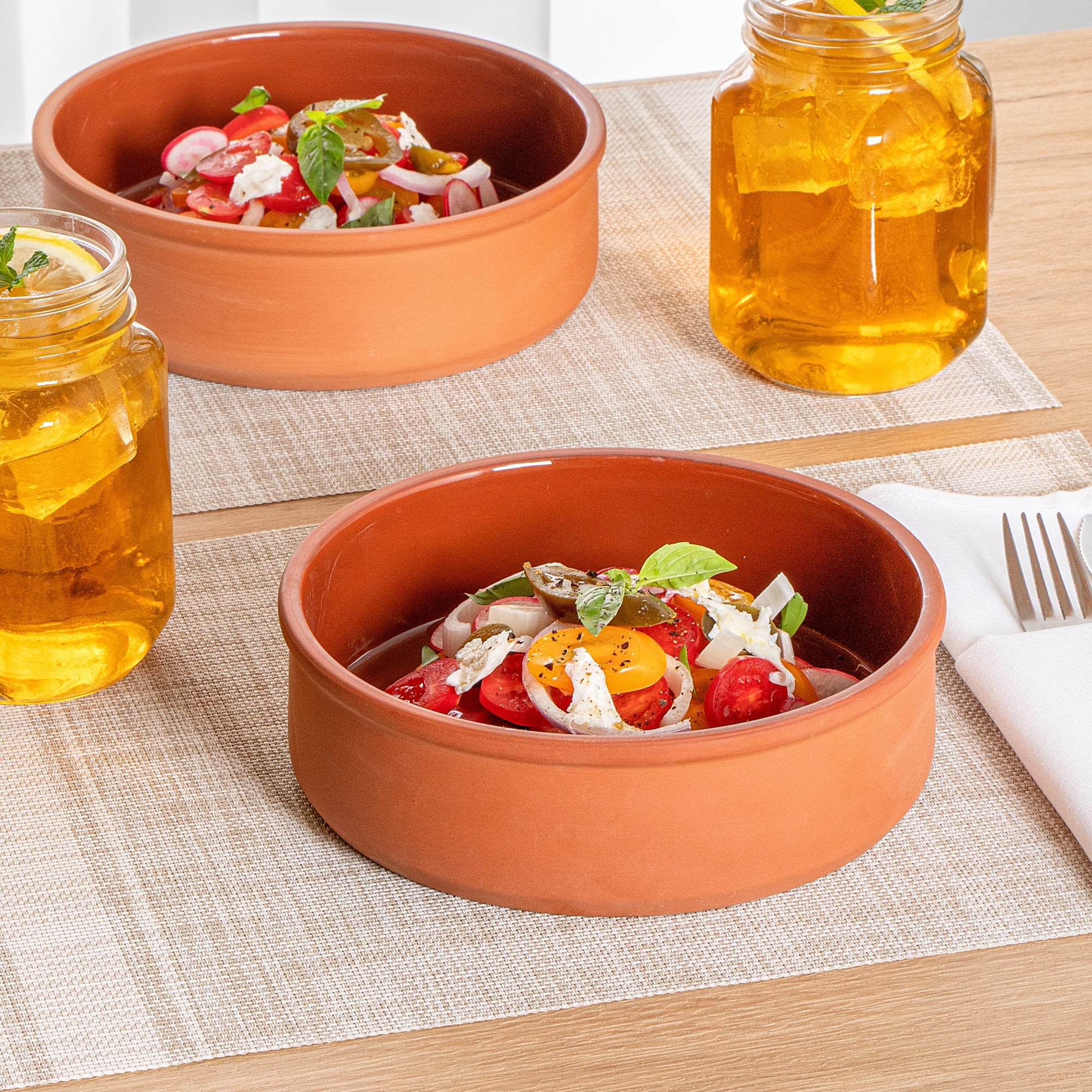 Terra Tek 34 oz Terracotta Cazuela Bowl - Brown Glazed Interior, Oven-Safe, Microwave-Safe - 7 1/2'' x 7 1/2'' x 2 1/4'' - 2 count box