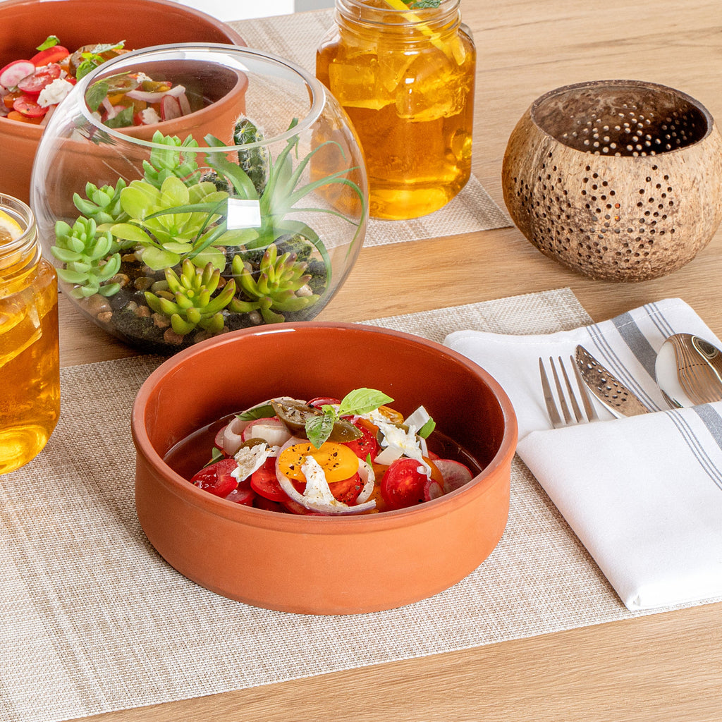 Terra Tek 34 oz Terracotta Cazuela Bowl - Brown Glazed Interior, Oven-Safe, Microwave-Safe - 7 1/2'' x 7 1/2'' x 2 1/4'' - 2 count box