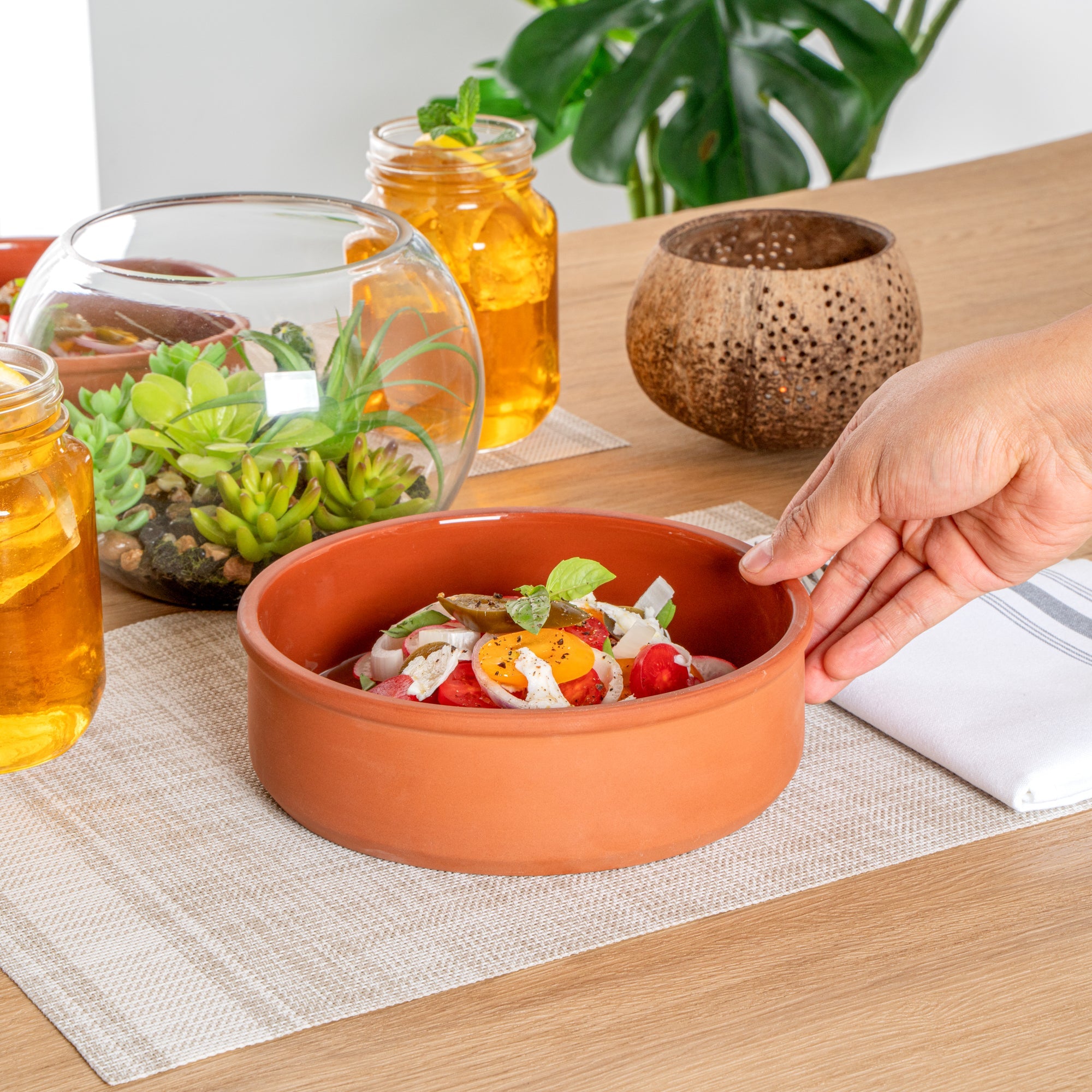 Terra Tek 34 oz Terracotta Cazuela Bowl - Brown Glazed Interior, Oven-Safe, Microwave-Safe - 7 1/2'' x 7 1/2'' x 2 1/4'' - 10 count box