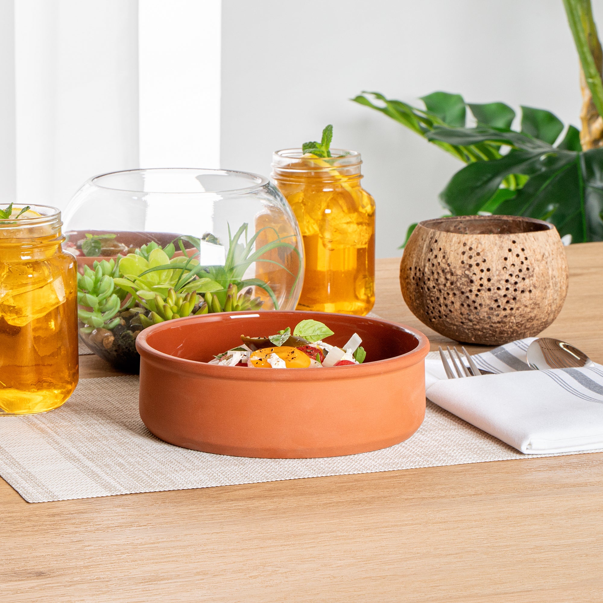 Terra Tek 34 oz Terracotta Cazuela Bowl - Brown Glazed Interior, Oven-Safe, Microwave-Safe - 7 1/2'' x 7 1/2'' x 2 1/4'' - 10 count box