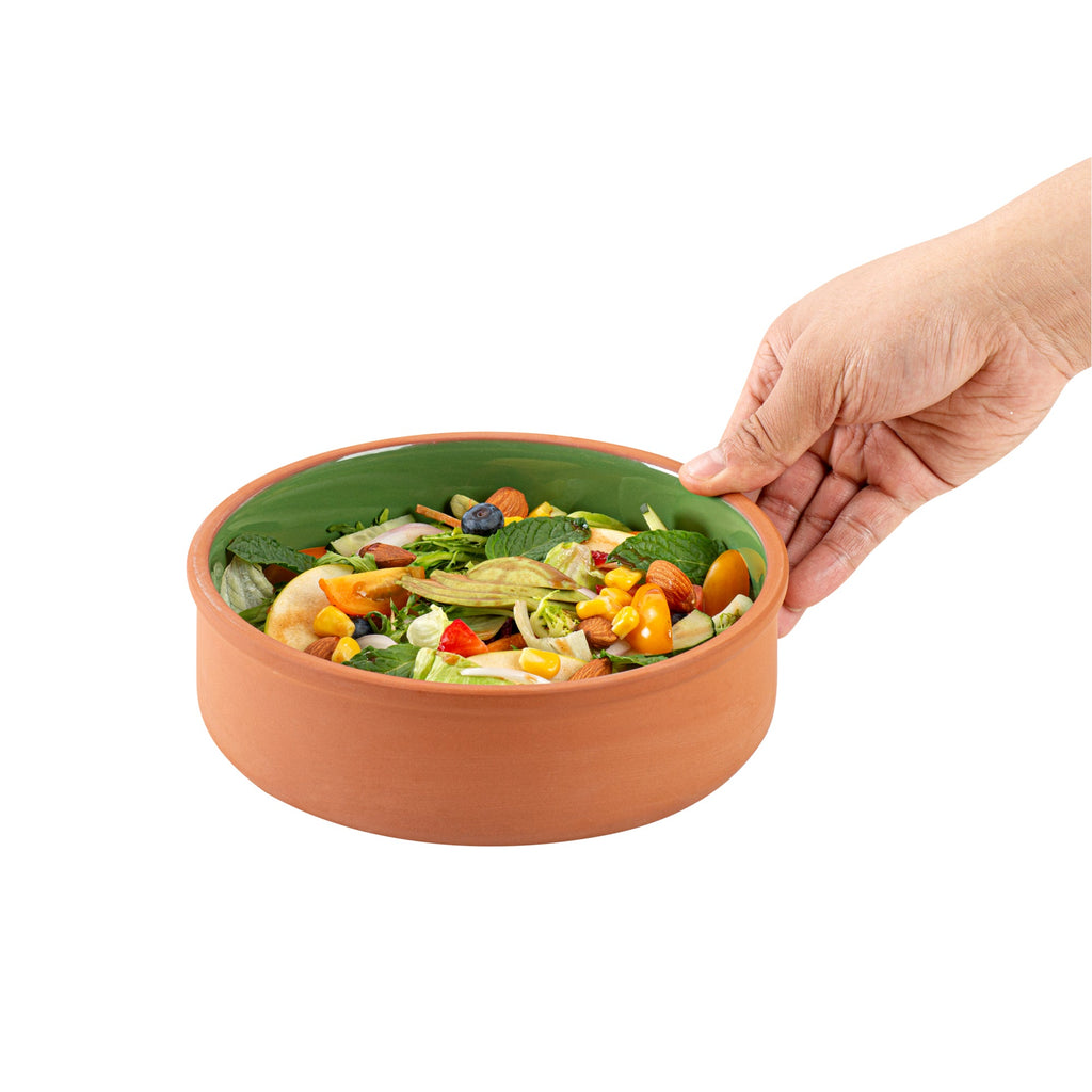 Terra Tek 34 oz Terracotta Cazuela Bowl - Green Glazed Interior, Oven-Safe, Microwave-Safe - 7 1/2'' x 7 1/2'' x 2 1/4'' - 2 count box