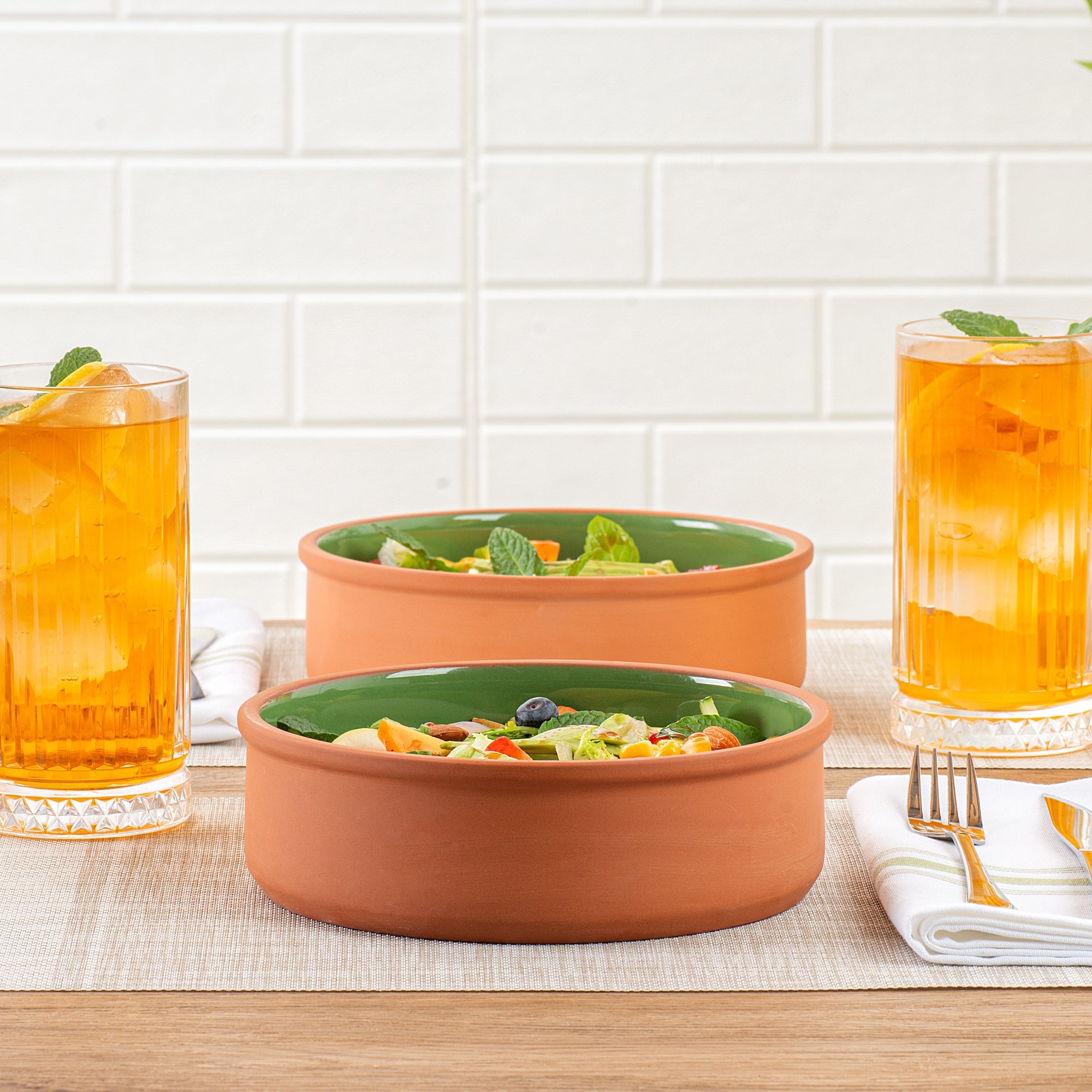 Terra Tek 34 oz Terracotta Cazuela Bowl - Green Glazed Interior, Oven-Safe, Microwave-Safe - 7 1/2'' x 7 1/2'' x 2 1/4'' - 2 count box