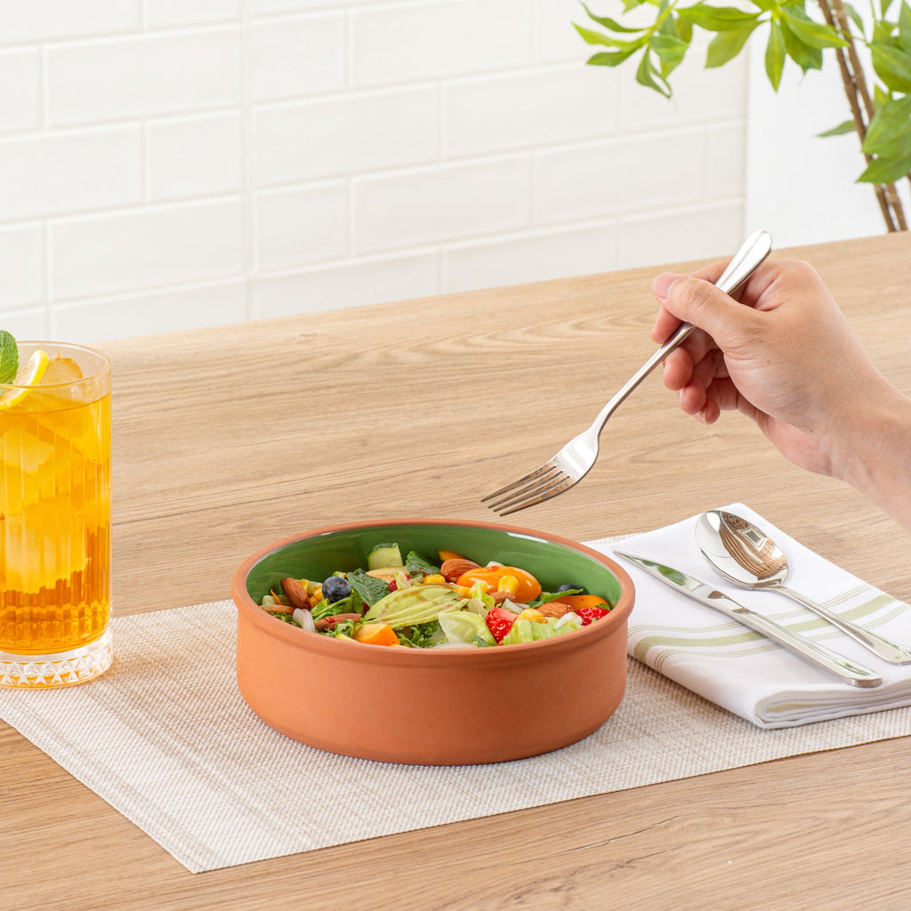 Terra Tek 34 oz Terracotta Cazuela Bowl - Green Glazed Interior, Oven-Safe, Microwave-Safe - 7 1/2'' x 7 1/2'' x 2 1/4'' - 2 count box