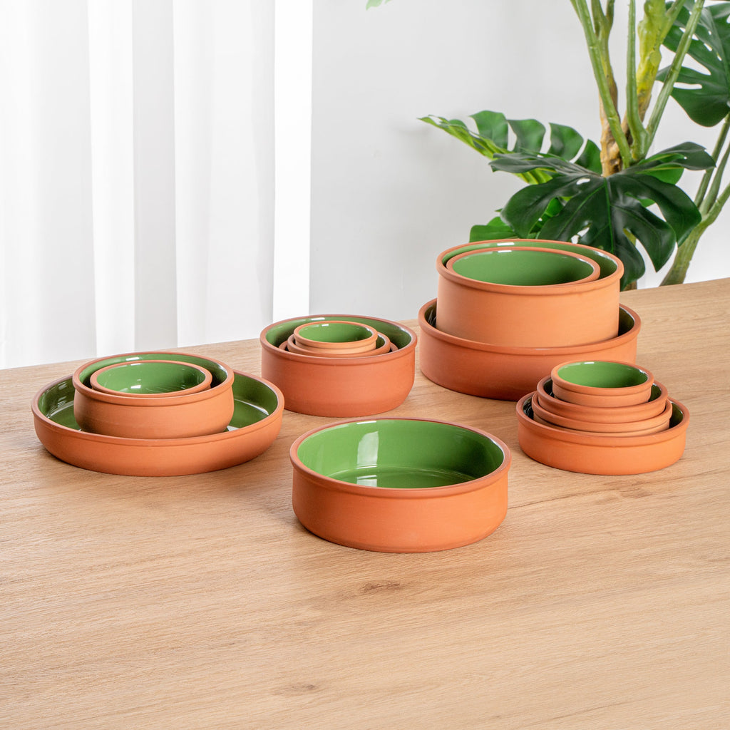Terra Tek 34 oz Terracotta Cazuela Bowl - Green Glazed Interior, Oven-Safe, Microwave-Safe - 7 1/2'' x 7 1/2'' x 2 1/4'' - 2 count box