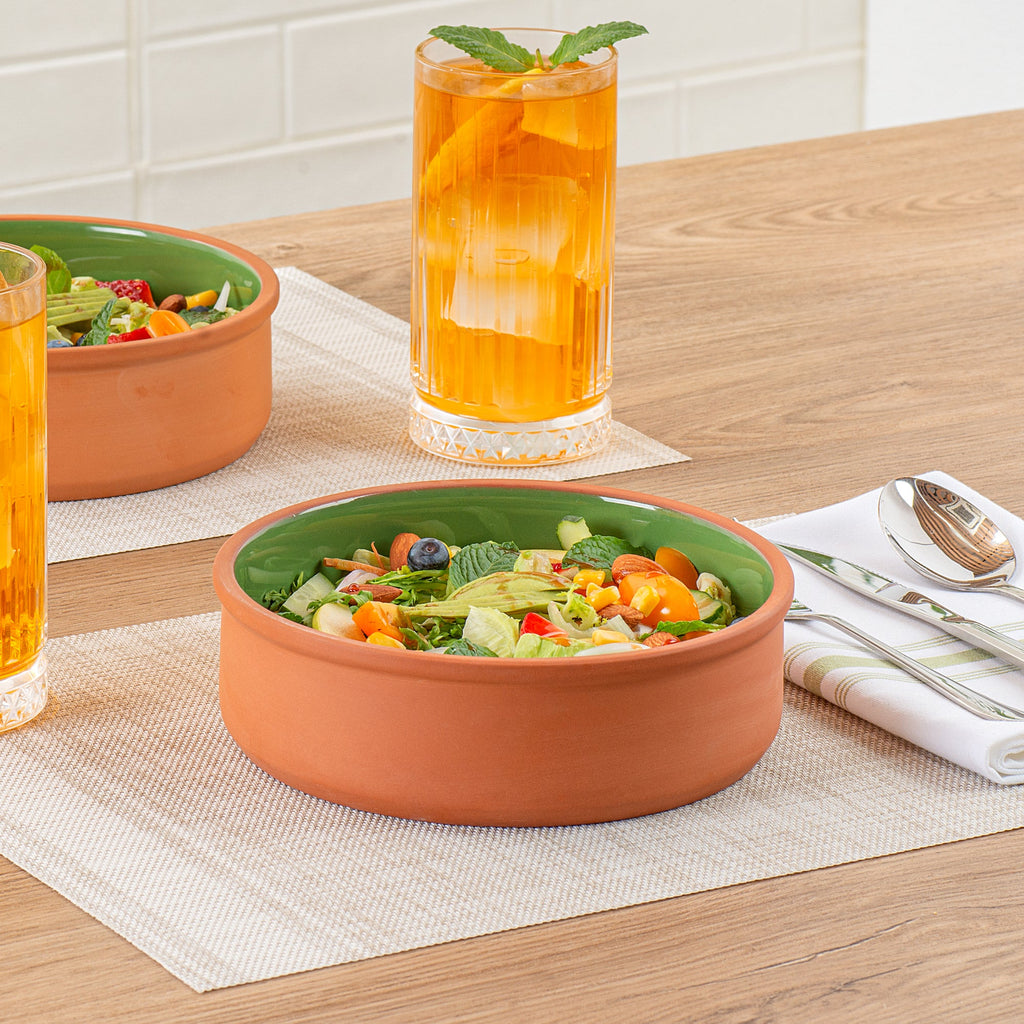 Terra Tek 34 oz Terracotta Cazuela Bowl - Green Glazed Interior, Oven-Safe, Microwave-Safe - 7 1/2'' x 7 1/2'' x 2 1/4'' - 10 count box