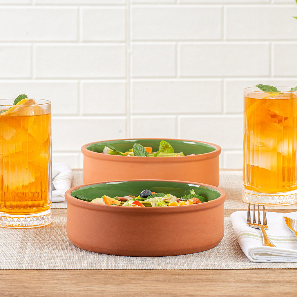 Terra Tek 34 oz Terracotta Cazuela Bowl - Green Glazed Interior, Oven-Safe, Microwave-Safe - 7 1/2'' x 7 1/2'' x 2 1/4'' - 10 count box