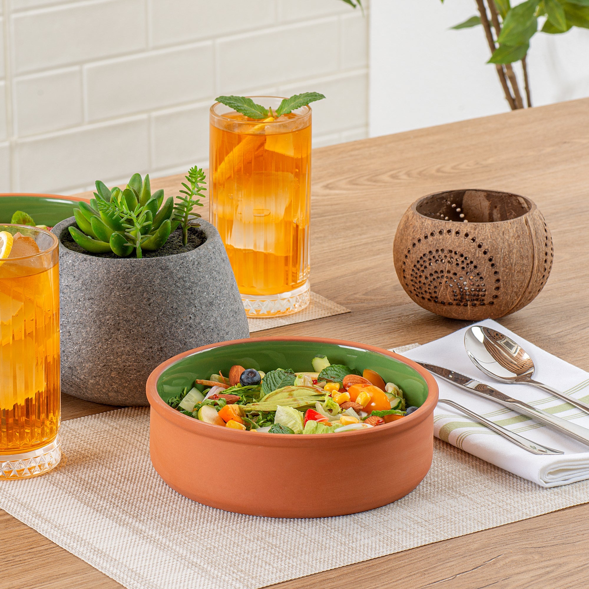 Terra Tek 34 oz Terracotta Cazuela Bowl - Green Glazed Interior, Oven-Safe, Microwave-Safe - 7 1/2'' x 7 1/2'' x 2 1/4'' - 10 count box