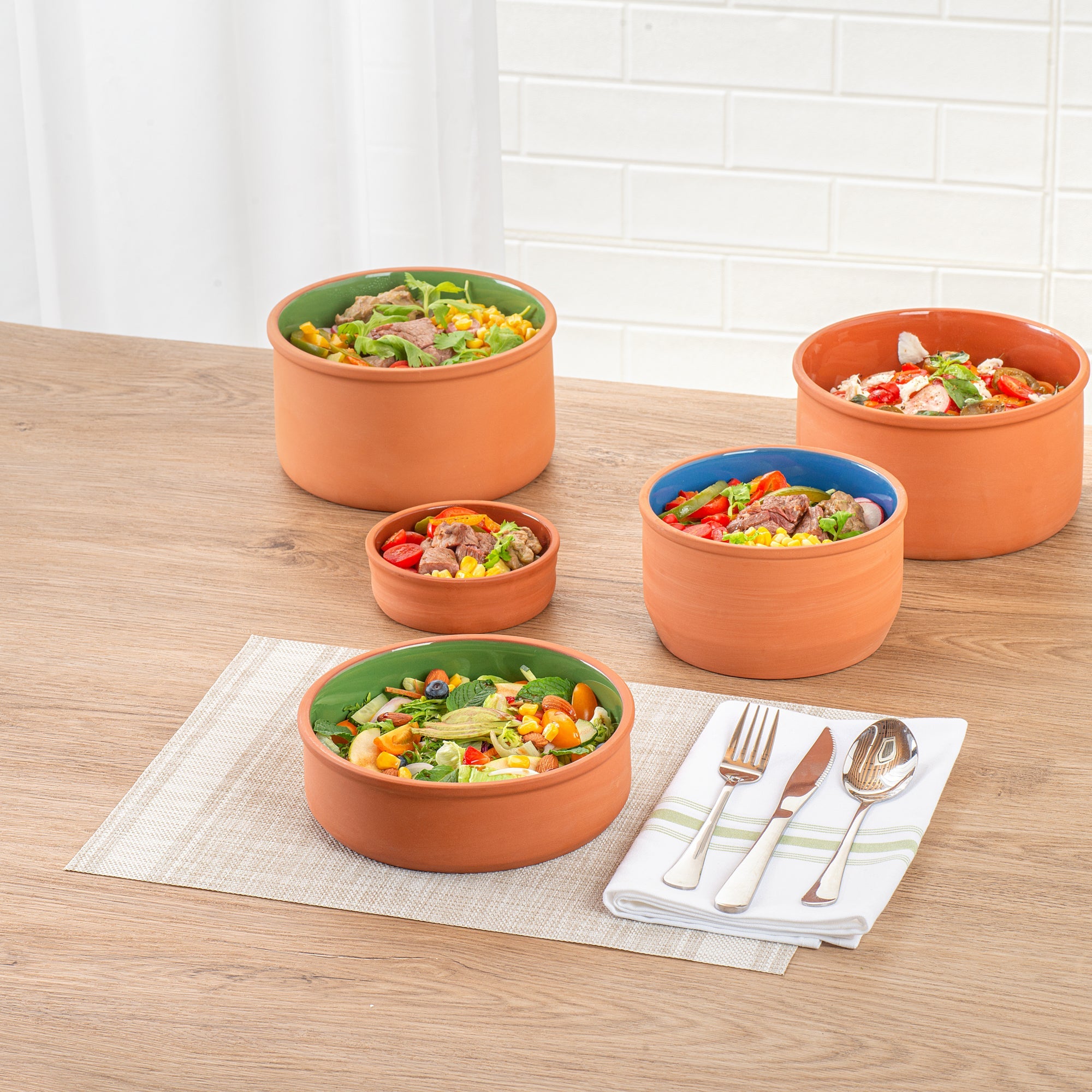 Terra Tek 34 oz Terracotta Cazuela Bowl - Green Glazed Interior, Oven-Safe, Microwave-Safe - 7 1/2'' x 7 1/2'' x 2 1/4'' - 10 count box
