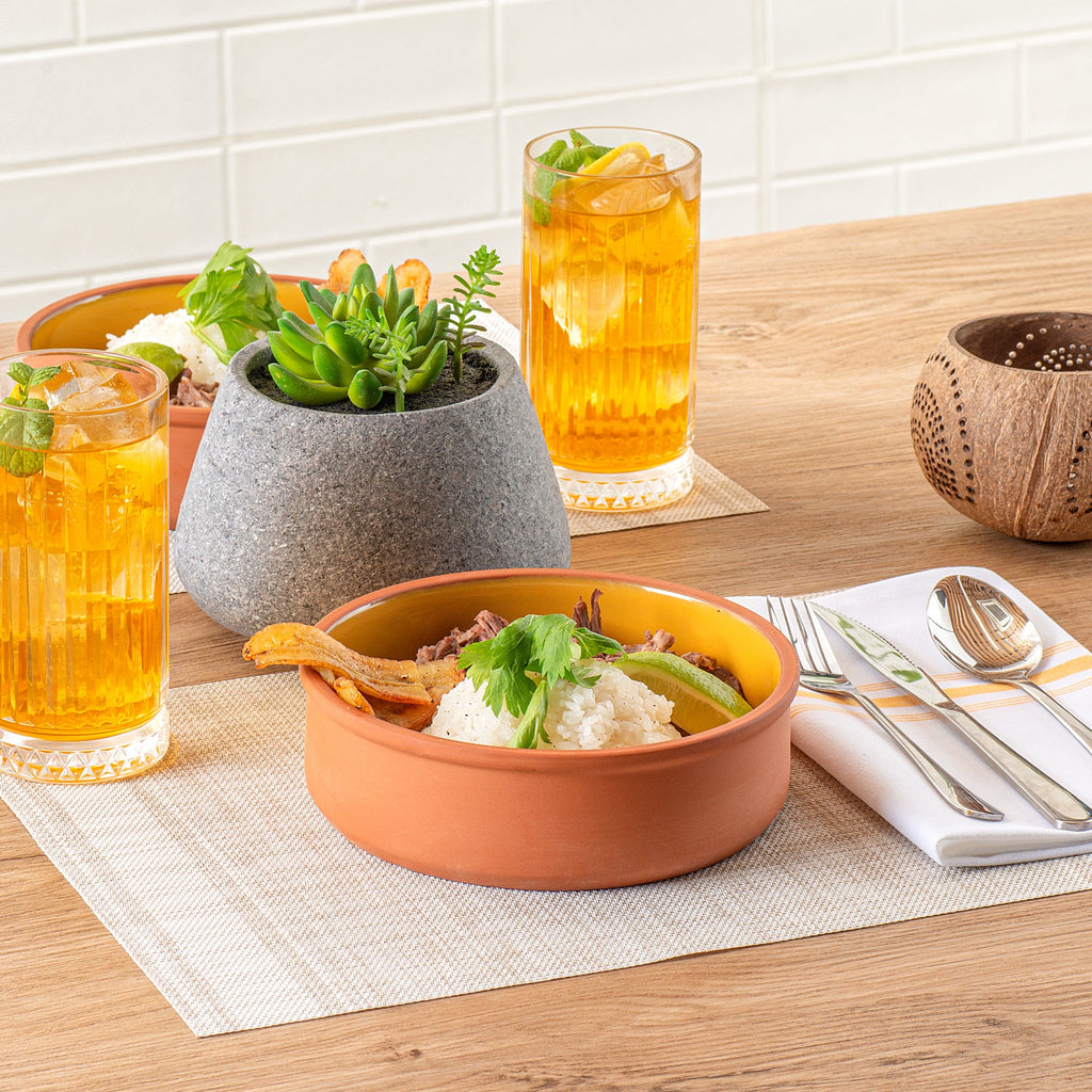 Terra Tek 34 oz Terracotta Cazuela Bowl - Yellow Glazed Interior, Oven-Safe, Microwave-Safe - 7 1/2'' x 7 1/2'' x 2 1/4'' - 10 count box