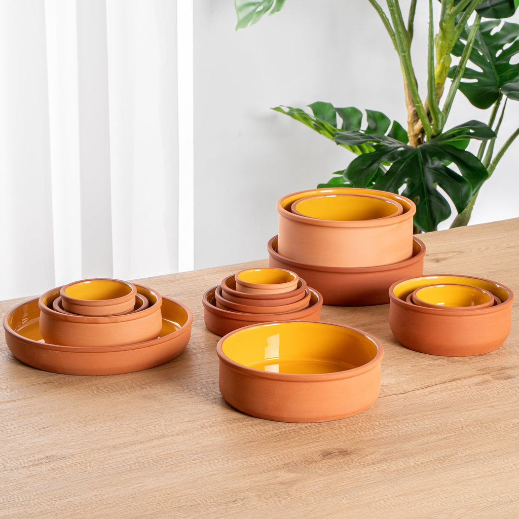 Terra Tek 34 oz Terracotta Cazuela Bowl - Yellow Glazed Interior, Oven-Safe, Microwave-Safe - 7 1/2'' x 7 1/2'' x 2 1/4'' - 10 count box