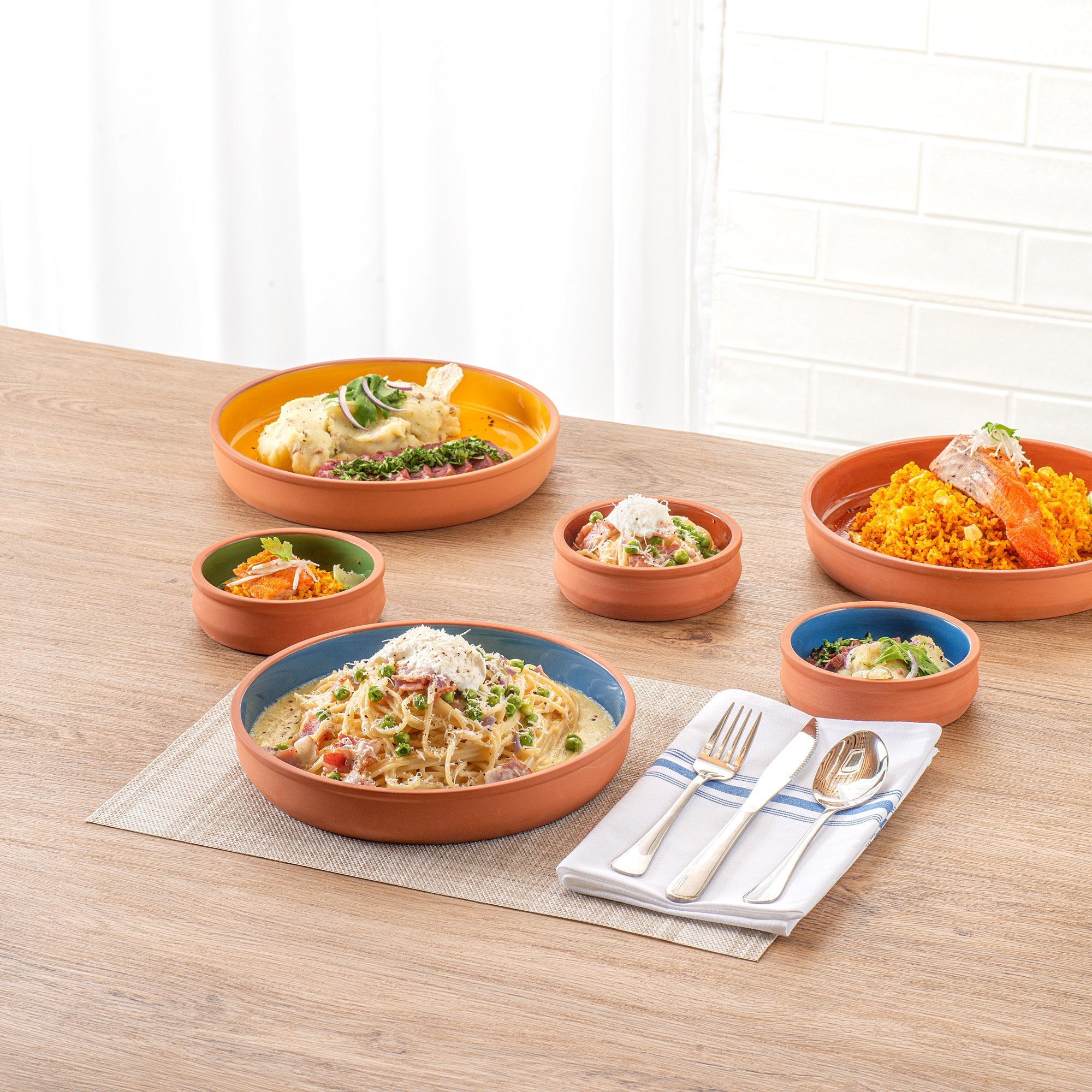 Terra Tek 34 oz Terracotta Cazuela Bowl - Blue Glazed Interior, Oven-Safe, Microwave-Safe - 9 1/4'' x 9 1/4'' x 1 1/2'' - 2 count box