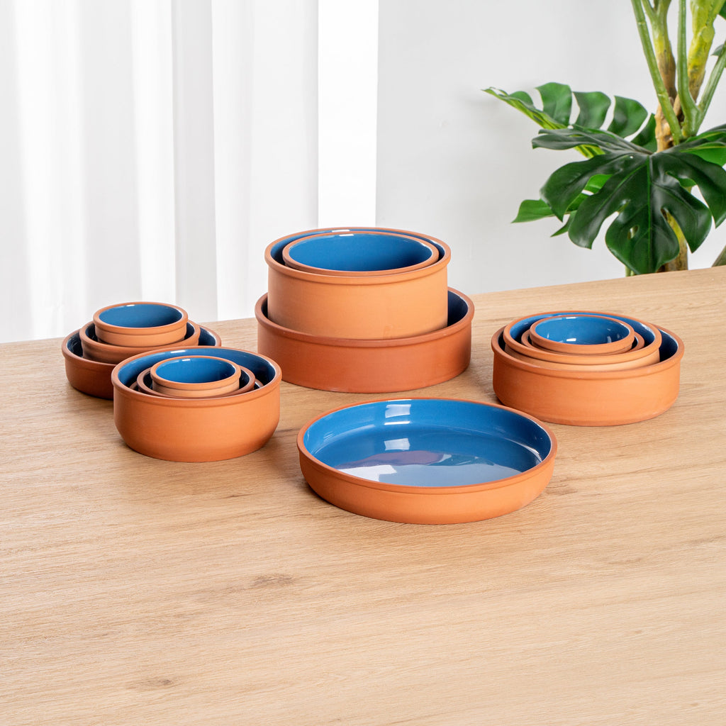 Terra Tek 34 oz Terracotta Cazuela Bowl - Blue Glazed Interior, Oven-Safe, Microwave-Safe - 9 1/4'' x 9 1/4'' x 1 1/2'' - 2 count box