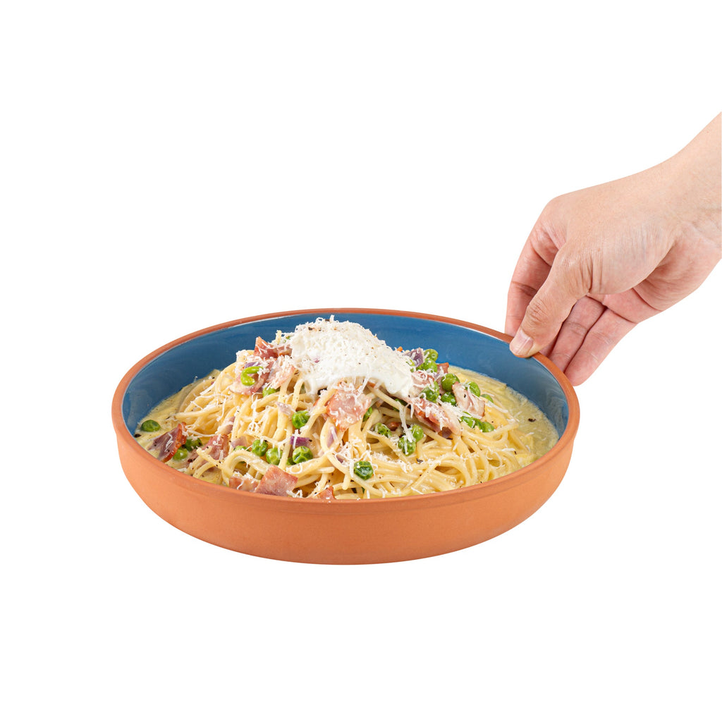 Terra Tek 34 oz Terracotta Cazuela Bowl - Blue Glazed Interior, Oven-Safe, Microwave-Safe - 9 1/4'' x 9 1/4'' x 1 1/2'' - 10 count box