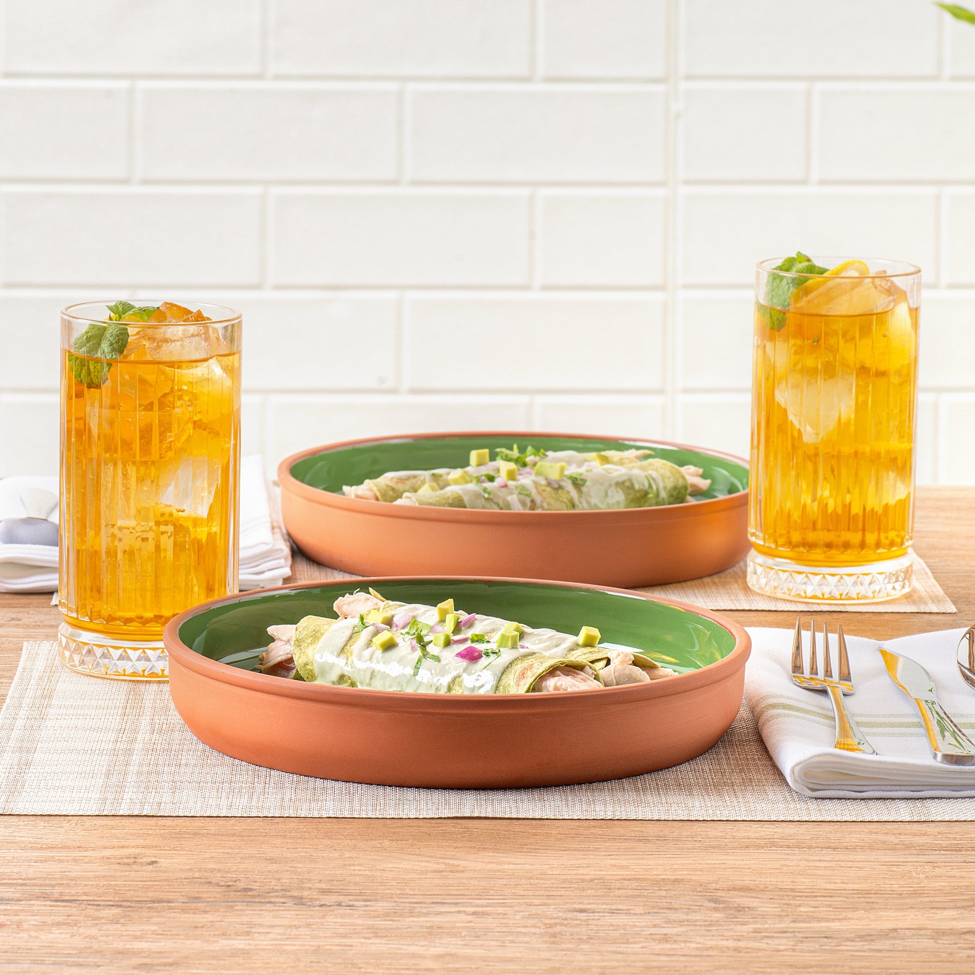 Terra Tek 34 oz Terracotta Cazuela Bowl - Green Glazed Interior, Oven-Safe, Microwave-Safe - 9 1/4'' x 9 1/4'' x 1 1/2'' - 2 count box