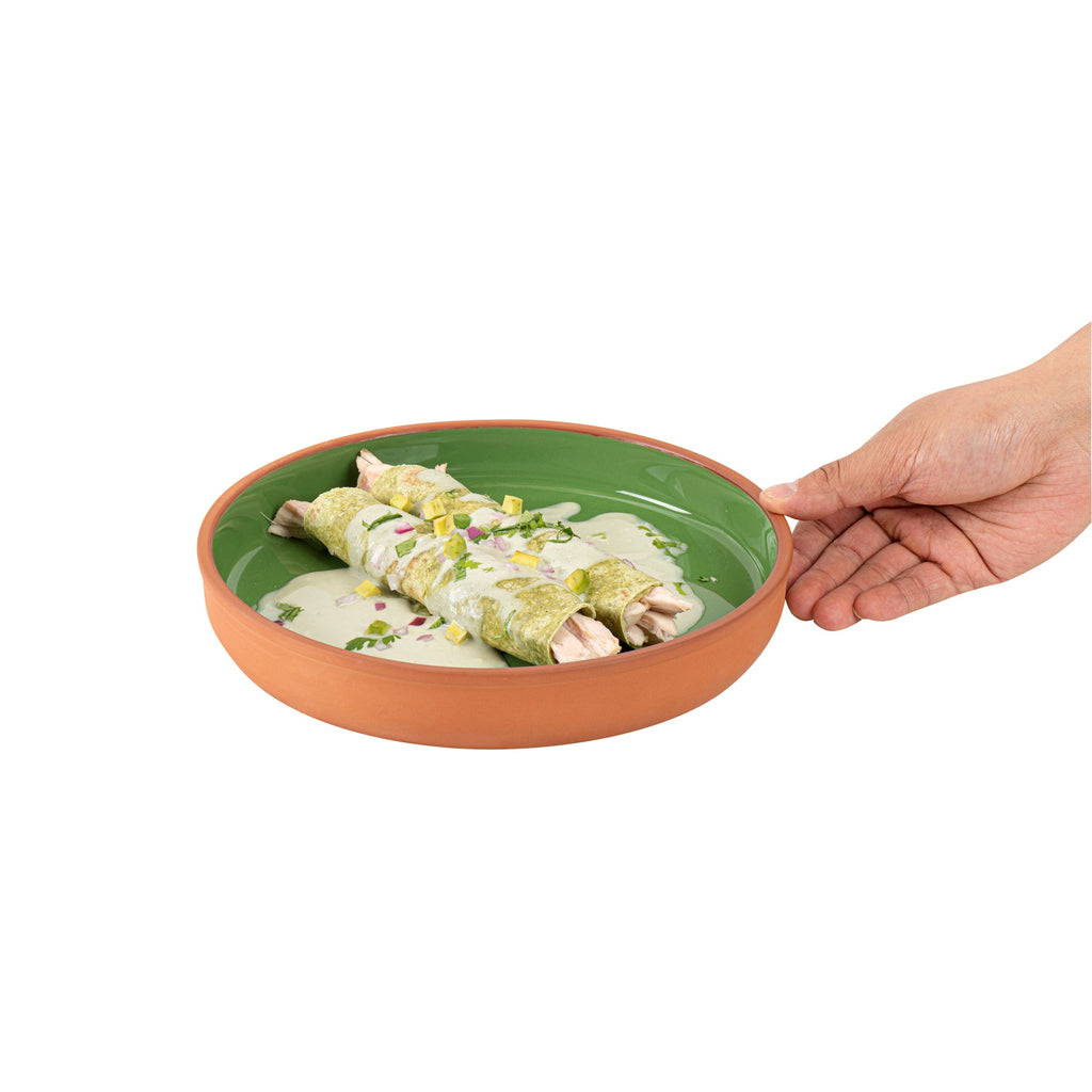 Terra Tek 34 oz Terracotta Cazuela Bowl - Green Glazed Interior, Oven-Safe, Microwave-Safe - 9 1/4'' x 9 1/4'' x 1 1/2'' - 10 count box