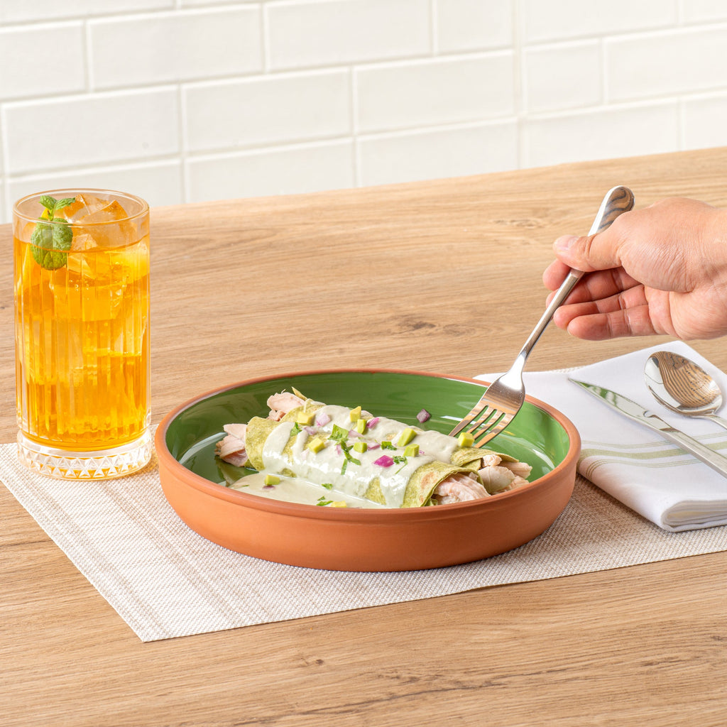 Terra Tek 34 oz Terracotta Cazuela Bowl - Green Glazed Interior, Oven-Safe, Microwave-Safe - 9 1/4'' x 9 1/4'' x 1 1/2'' - 10 count box