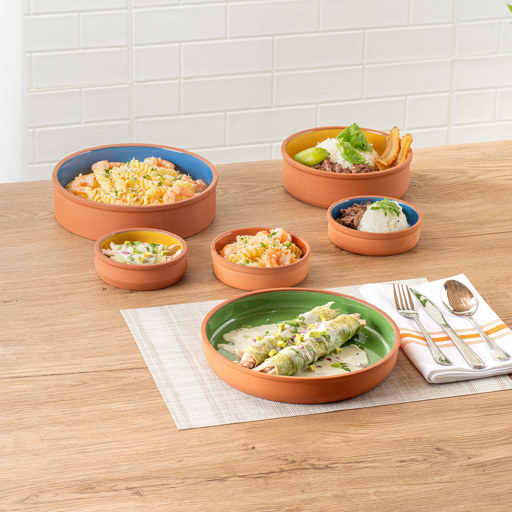 Terra Tek 34 oz Terracotta Cazuela Bowl - Green Glazed Interior, Oven-Safe, Microwave-Safe - 9 1/4'' x 9 1/4'' x 1 1/2'' - 10 count box