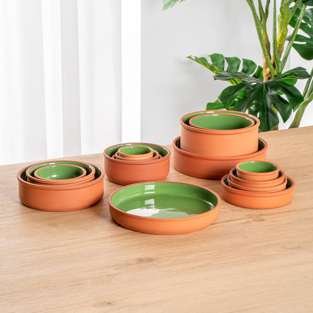 Terra Tek 34 oz Terracotta Cazuela Bowl - Green Glazed Interior, Oven-Safe, Microwave-Safe - 9 1/4'' x 9 1/4'' x 1 1/2'' - 10 count box