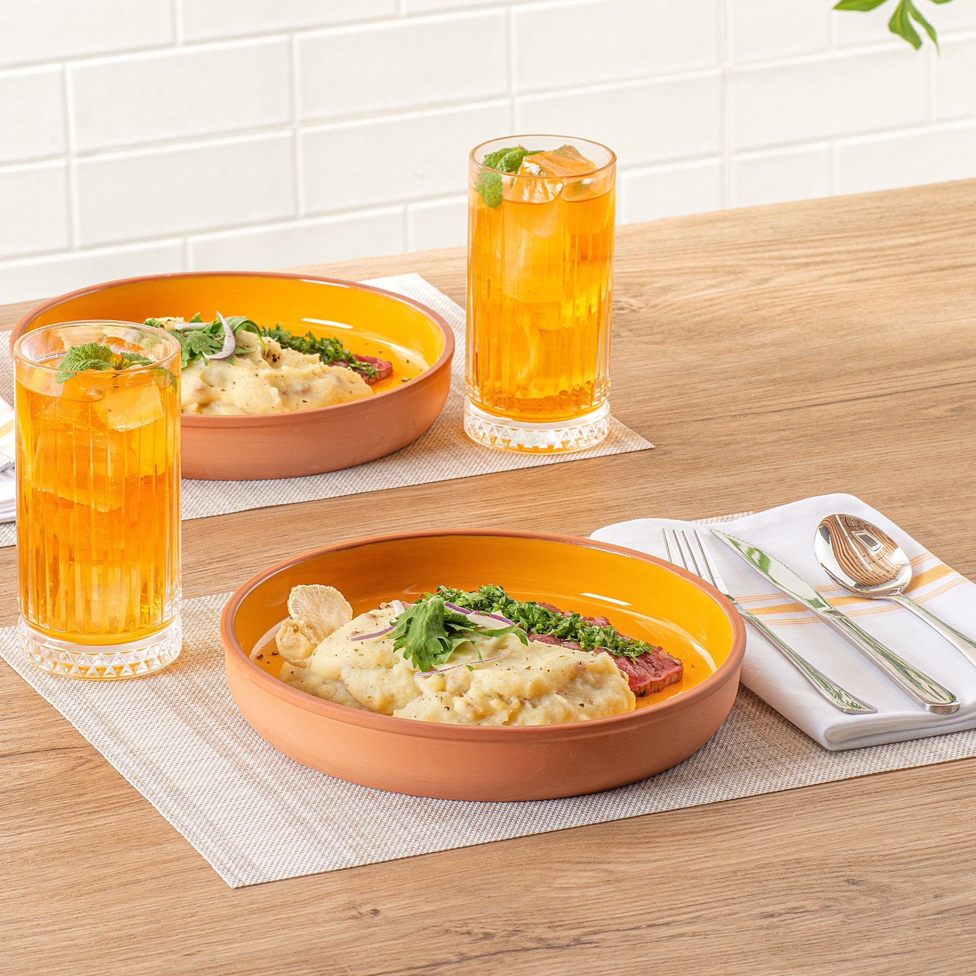 Terra Tek 34 oz Terracotta Cazuela Bowl - Yellow Glazed Interior, Oven-Safe, Microwave-Safe - 9 1/4'' x 9 1/4'' x 1 1/2'' - 2 count box