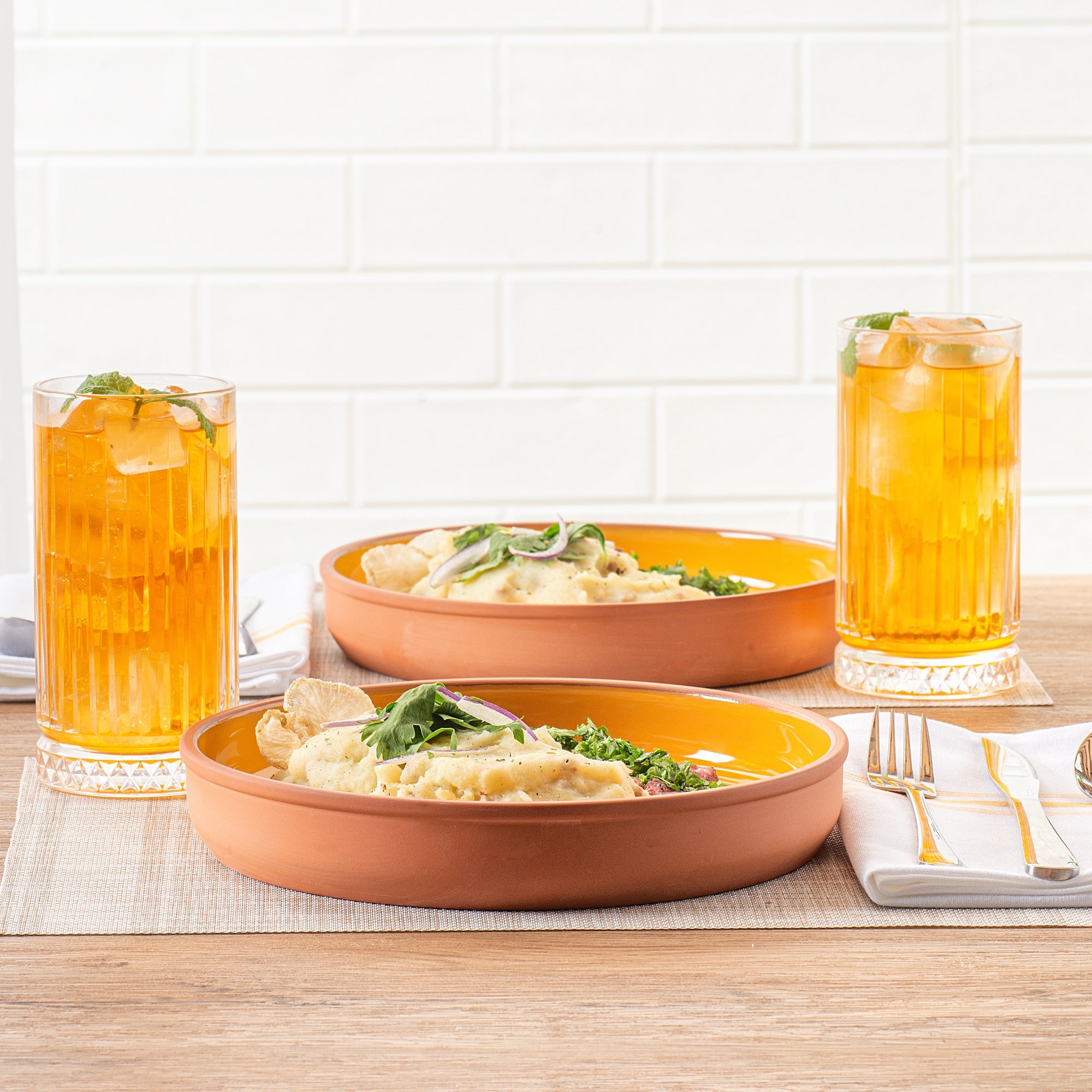 Terra Tek 34 oz Terracotta Cazuela Bowl - Yellow Glazed Interior, Oven-Safe, Microwave-Safe - 9 1/4'' x 9 1/4'' x 1 1/2'' - 2 count box
