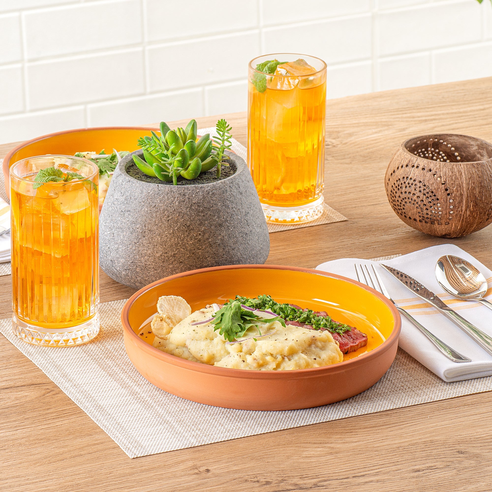Terra Tek 34 oz Terracotta Cazuela Bowl - Yellow Glazed Interior, Oven-Safe, Microwave-Safe - 9 1/4'' x 9 1/4'' x 1 1/2'' - 2 count box