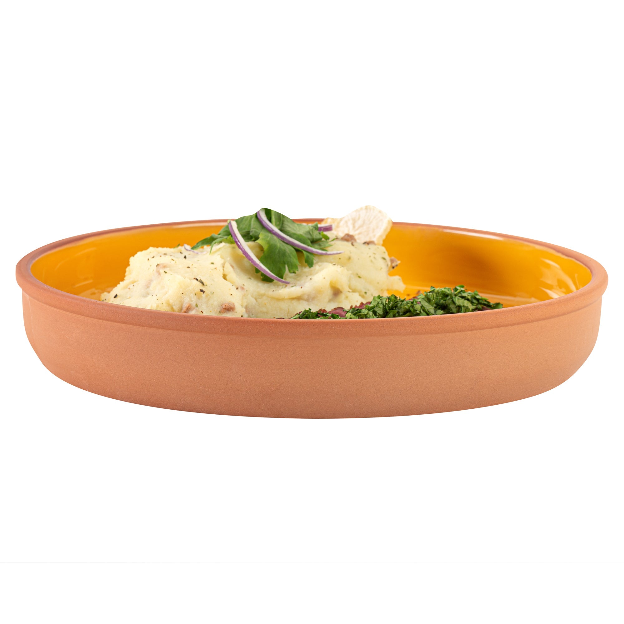 Terra Tek 34 oz Terracotta Cazuela Bowl - Yellow Glazed Interior, Oven-Safe, Microwave-Safe - 9 1/4'' x 9 1/4'' x 1 1/2'' - 10 count box