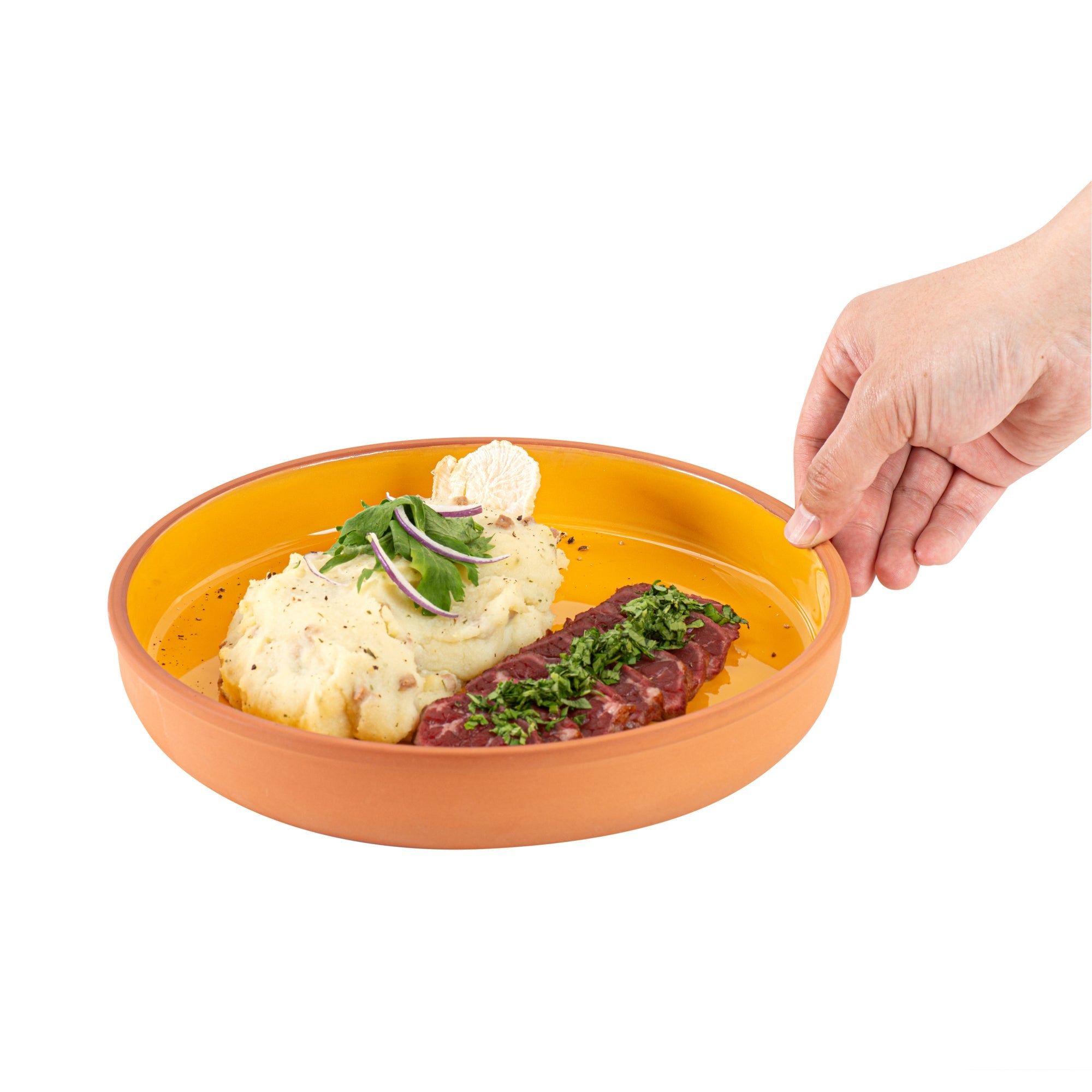 Terra Tek 34 oz Terracotta Cazuela Bowl - Yellow Glazed Interior, Oven-Safe, Microwave-Safe - 9 1/4'' x 9 1/4'' x 1 1/2'' - 10 count box