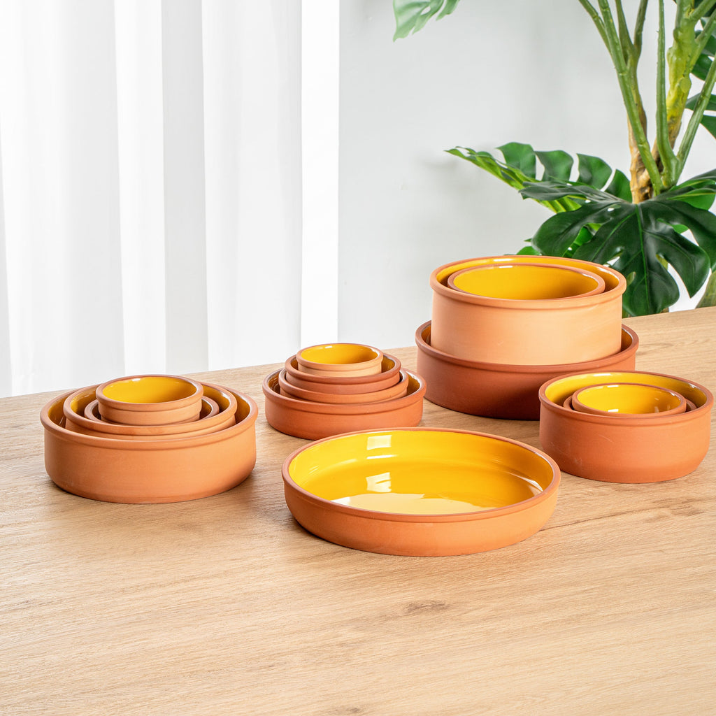 Terra Tek 34 oz Terracotta Cazuela Bowl - Yellow Glazed Interior, Oven-Safe, Microwave-Safe - 9 1/4'' x 9 1/4'' x 1 1/2'' - 10 count box