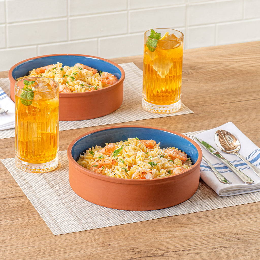 Terra Tek 51 oz Terracotta Cazuela Bowl - Blue Glazed Interior, Oven-Safe, Microwave-Safe - 9'' x 9'' x 2 1/4'' - 10 count box