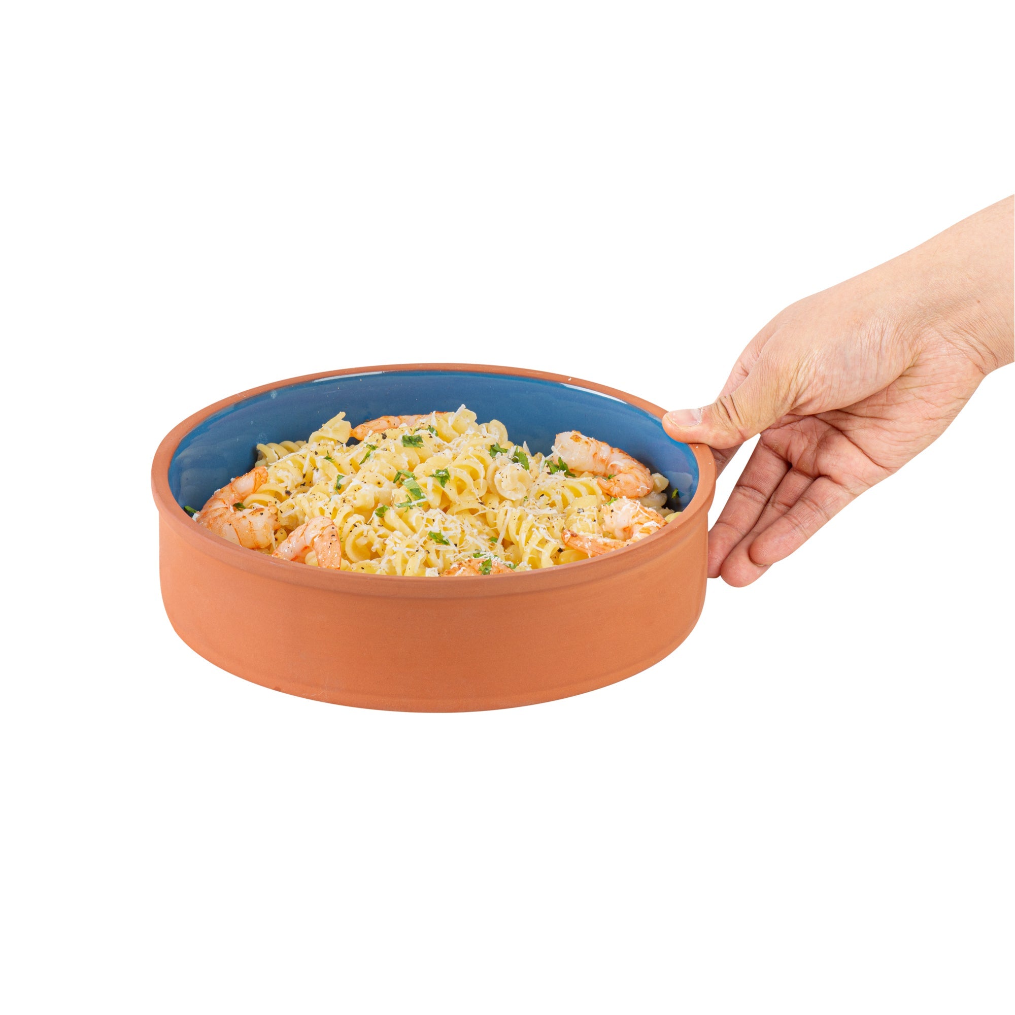 Terra Tek 51 oz Terracotta Cazuela Bowl - Blue Glazed Interior, Oven-Safe, Microwave-Safe - 9'' x 9'' x 2 1/4'' - 10 count box