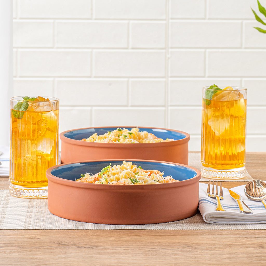 Terra Tek 51 oz Terracotta Cazuela Bowl - Blue Glazed Interior, Oven-Safe, Microwave-Safe - 9'' x 9'' x 2 1/4'' - 10 count box