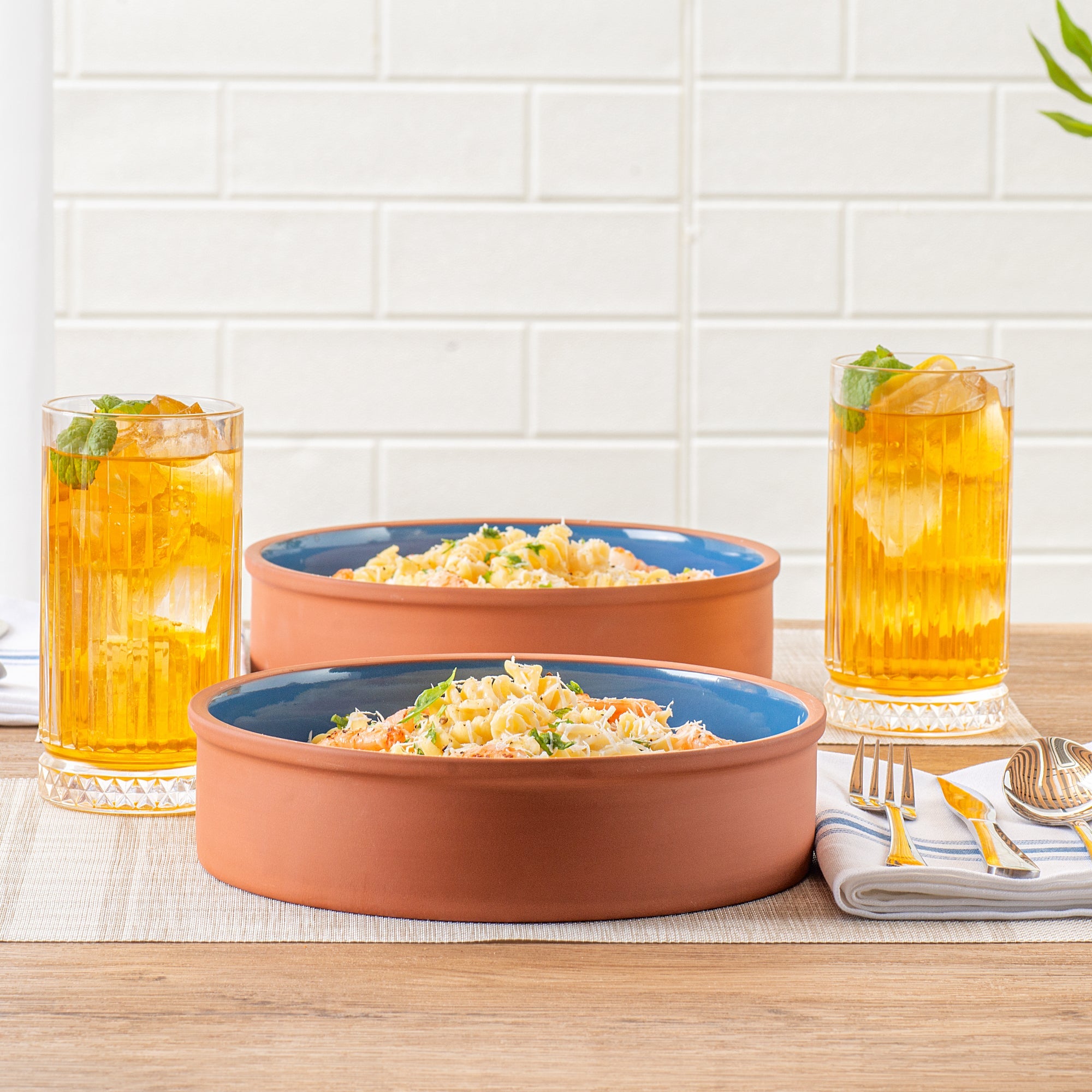 Terra Tek 51 oz Terracotta Cazuela Bowl - Blue Glazed Interior, Oven-Safe, Microwave-Safe - 9'' x 9'' x 2 1/4'' - 10 count box