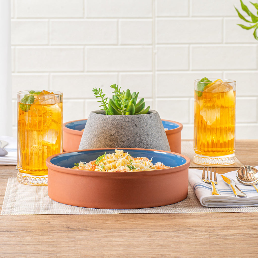 Terra Tek 51 oz Terracotta Cazuela Bowl - Blue Glazed Interior, Oven-Safe, Microwave-Safe - 9'' x 9'' x 2 1/4'' - 10 count box