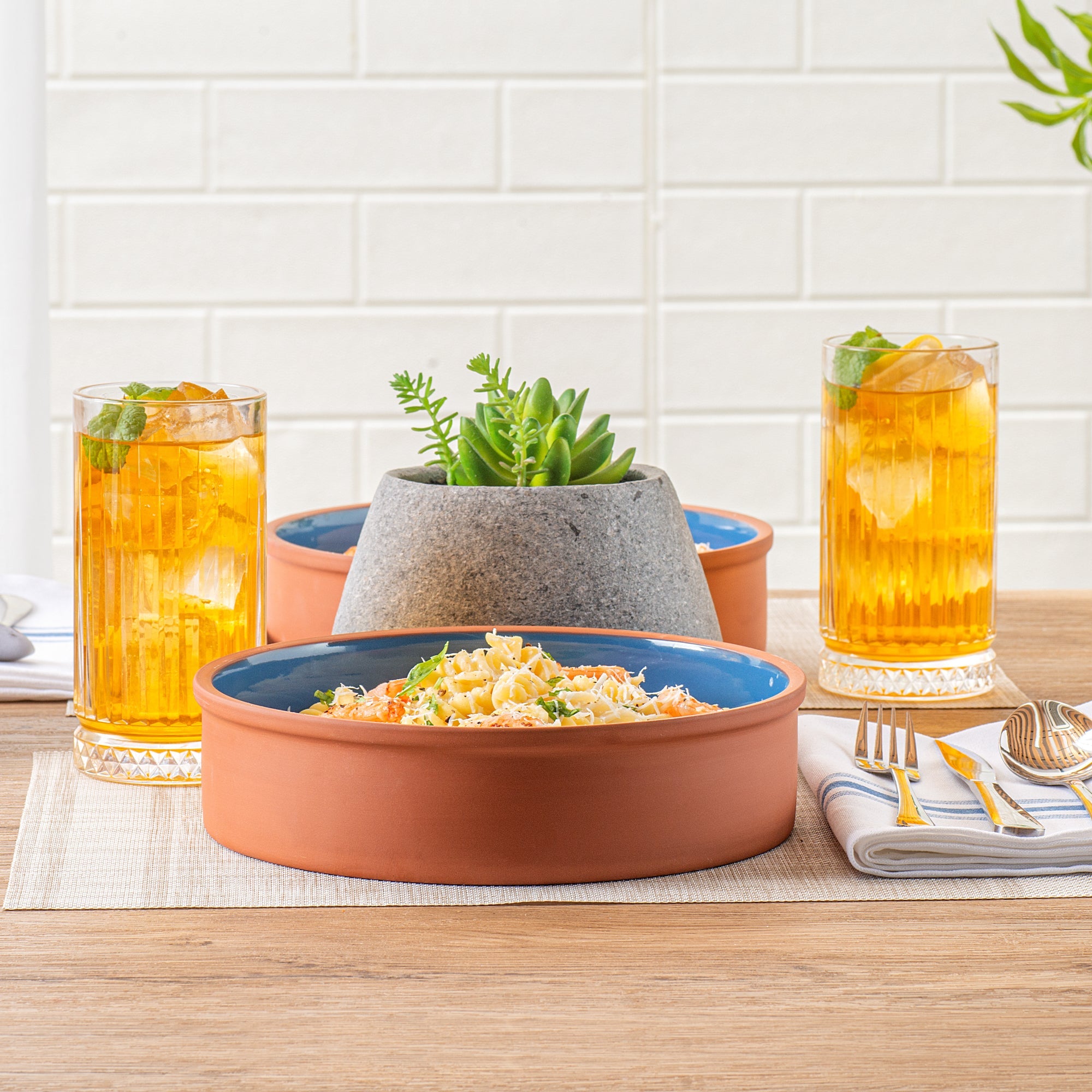 Terra Tek 51 oz Terracotta Cazuela Bowl - Blue Glazed Interior, Oven-Safe, Microwave-Safe - 9'' x 9'' x 2 1/4'' - 10 count box