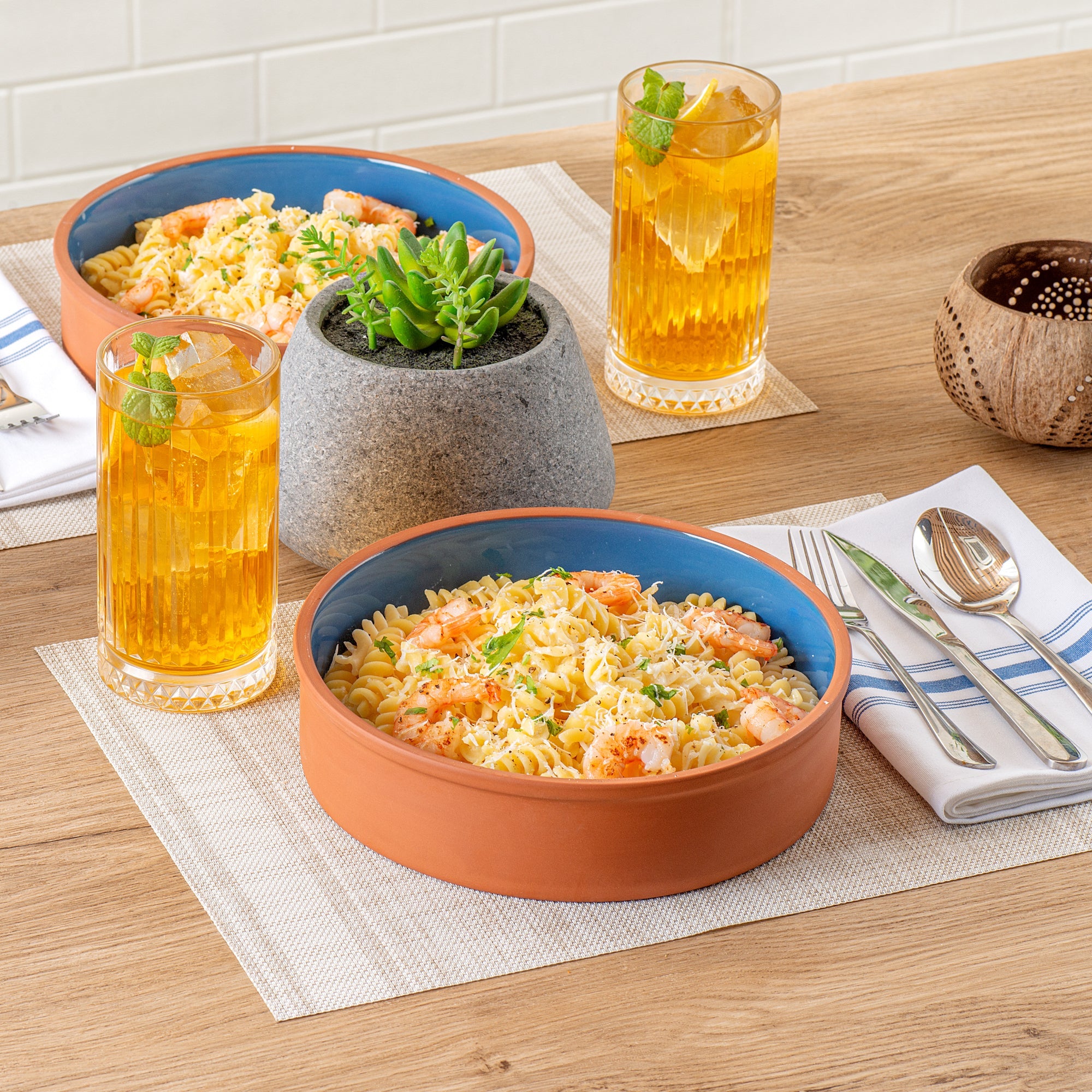 Terra Tek 51 oz Terracotta Cazuela Bowl - Blue Glazed Interior, Oven-Safe, Microwave-Safe - 9'' x 9'' x 2 1/4'' - 10 count box