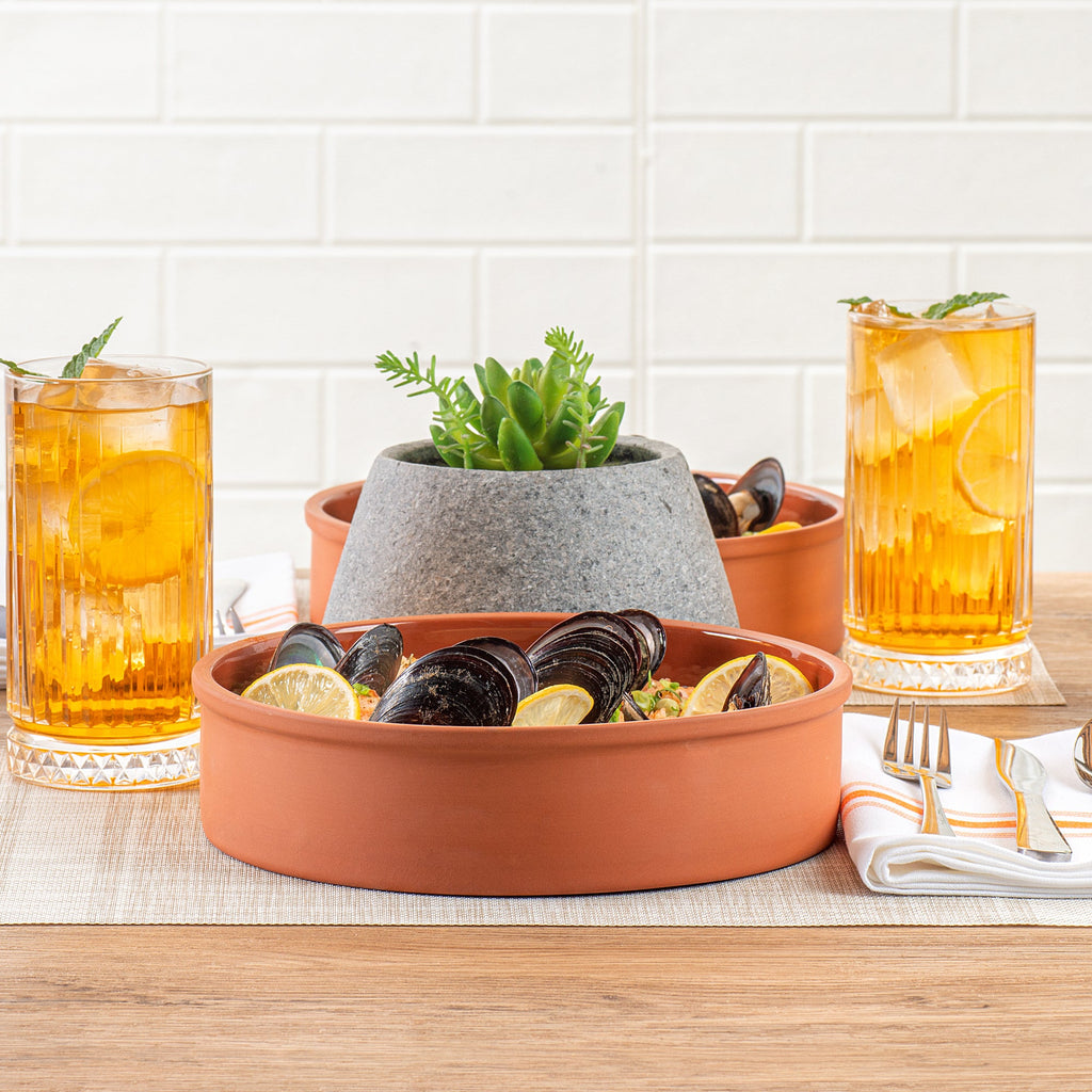 Terra Tek 51 oz Terracotta Cazuela Bowl - Brown Glazed Interior, Oven-Safe, Microwave-Safe - 9'' x 9'' x 2 1/4'' - 2 count box