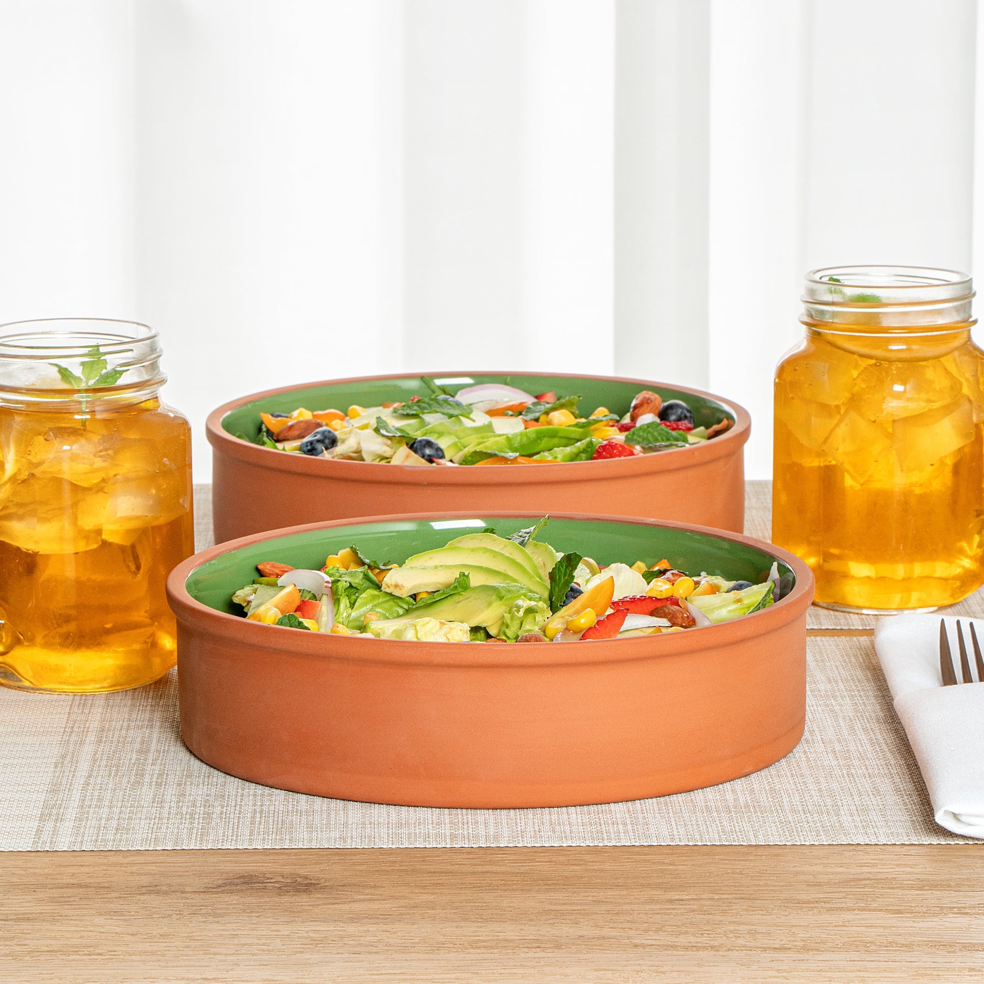 Terra Tek 51 oz Terracotta Cazuela Bowl - Green Glazed Interior, Oven-Safe, Microwave-Safe - 9'' x 9'' x 2 1/4'' - 2 count box