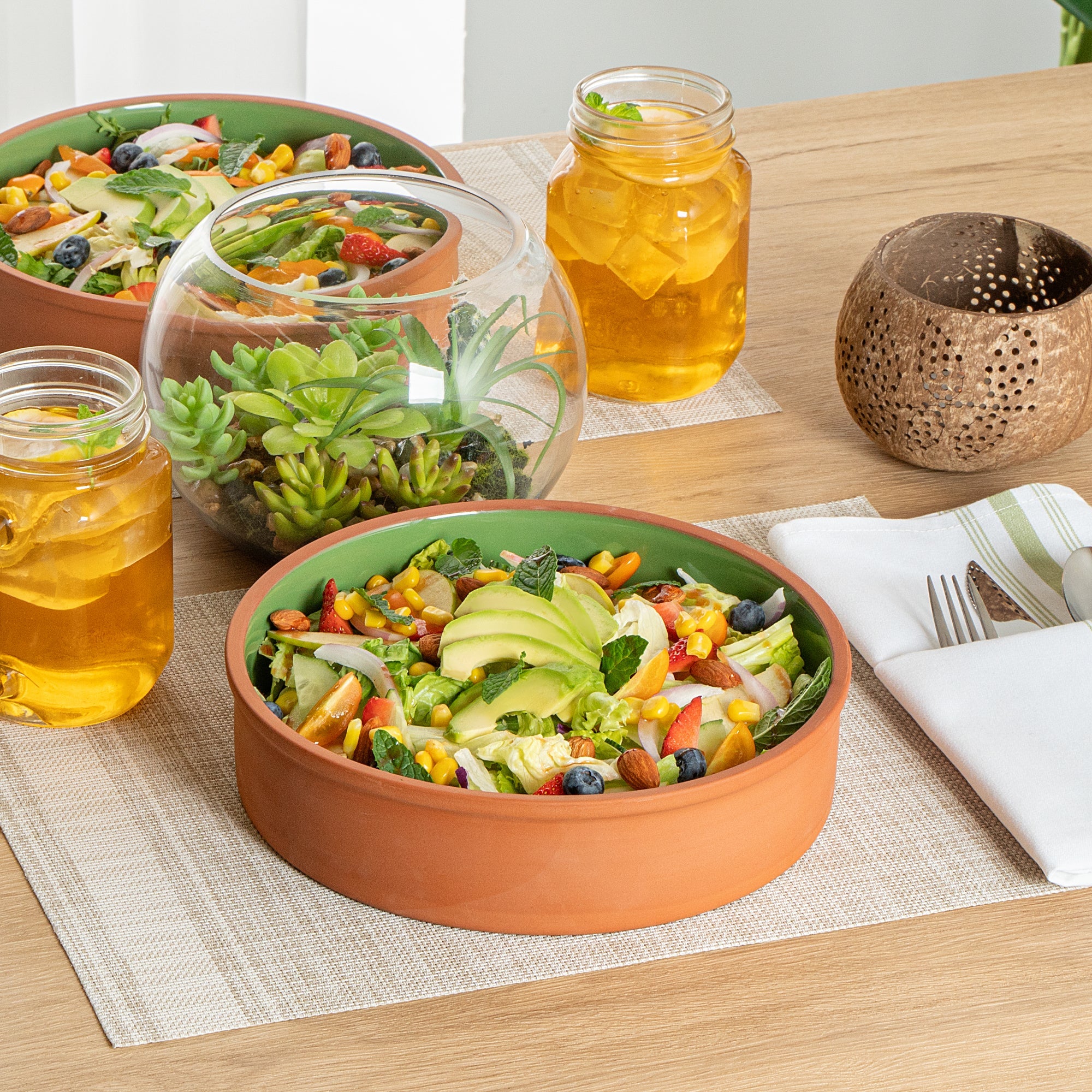 Terra Tek 51 oz Terracotta Cazuela Bowl - Green Glazed Interior, Oven-Safe, Microwave-Safe - 9'' x 9'' x 2 1/4'' - 10 count box