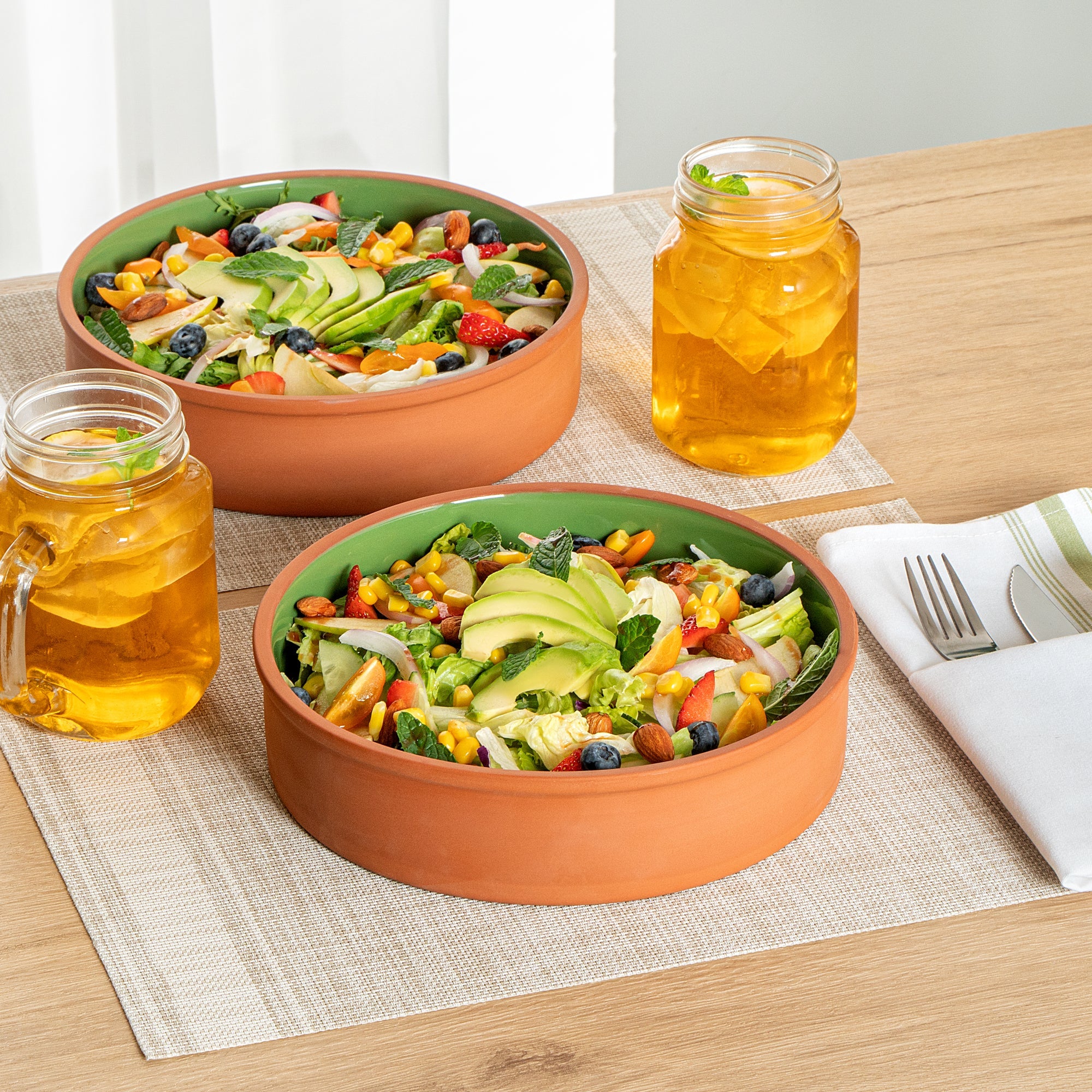 Terra Tek 51 oz Terracotta Cazuela Bowl - Green Glazed Interior, Oven-Safe, Microwave-Safe - 9'' x 9'' x 2 1/4'' - 10 count box
