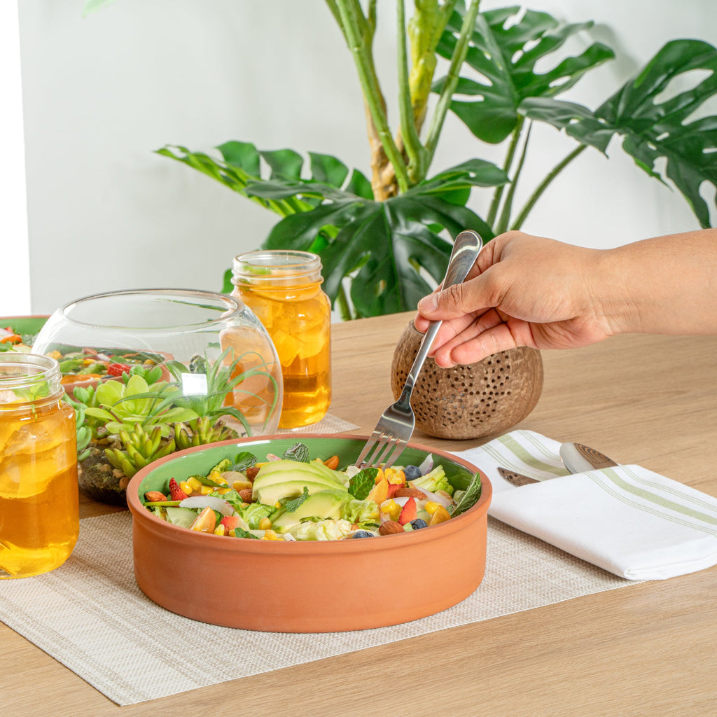 Terra Tek 51 oz Terracotta Cazuela Bowl - Green Glazed Interior, Oven-Safe, Microwave-Safe - 9'' x 9'' x 2 1/4'' - 10 count box