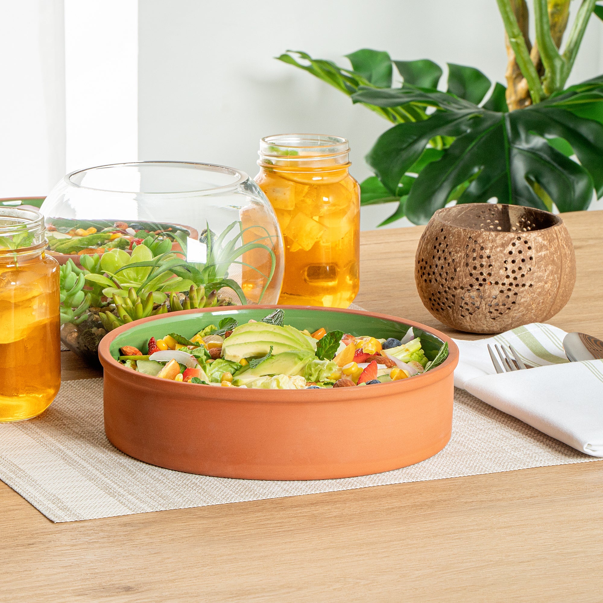 Terra Tek 51 oz Terracotta Cazuela Bowl - Green Glazed Interior, Oven-Safe, Microwave-Safe - 9'' x 9'' x 2 1/4'' - 10 count box