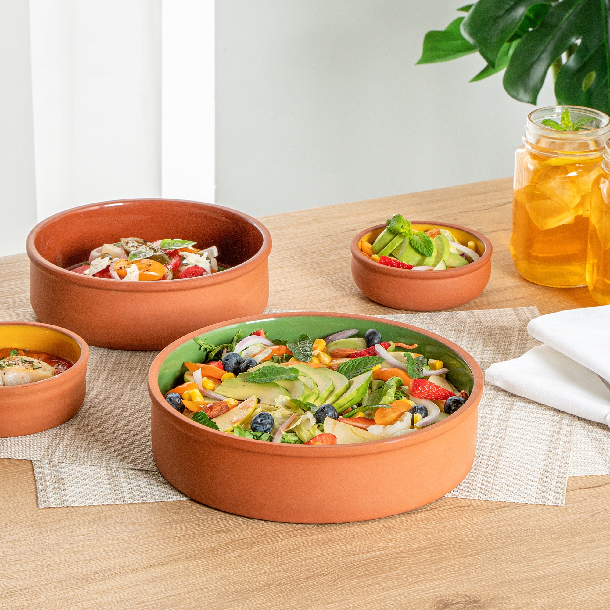 Terra Tek 51 oz Terracotta Cazuela Bowl - Green Glazed Interior, Oven-Safe, Microwave-Safe - 9'' x 9'' x 2 1/4'' - 10 count box