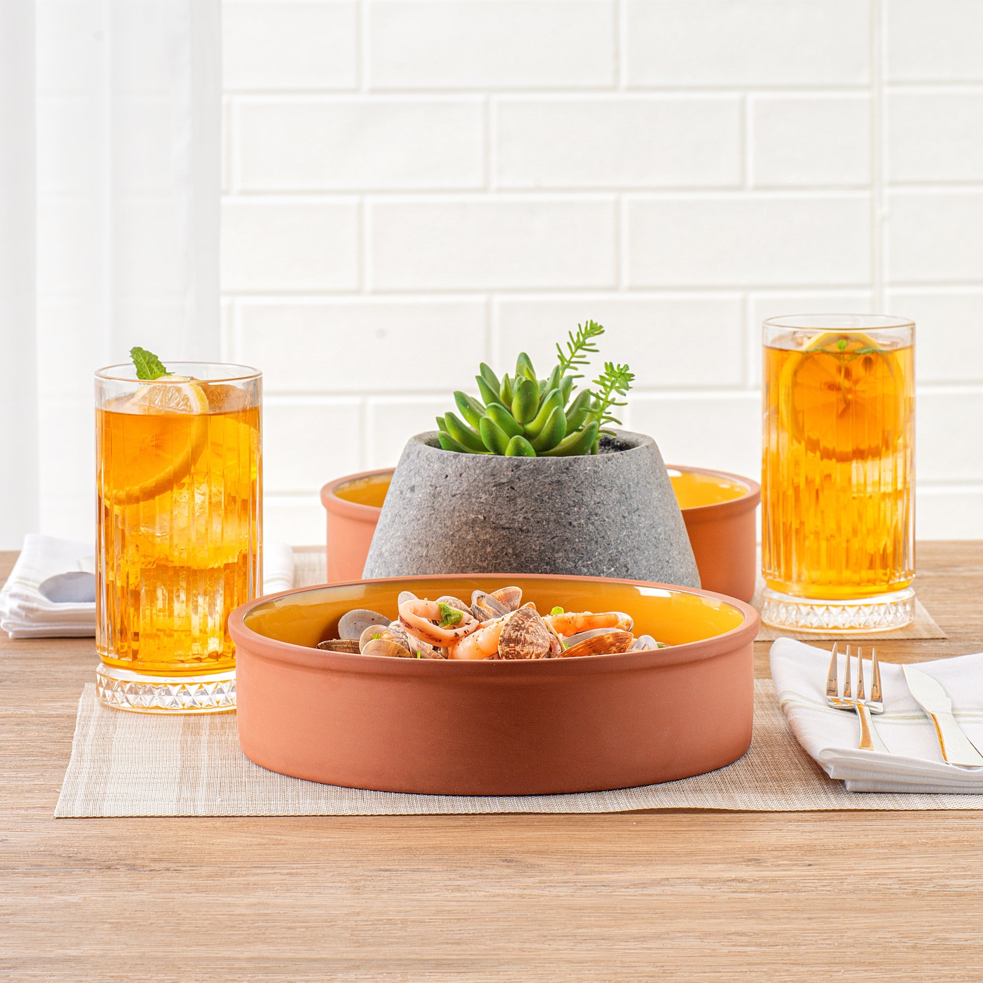 Terra Tek 51 oz Terracotta Cazuela Bowl - Yellow Glazed Interior, Oven-Safe, Microwave-Safe - 9'' x 9'' x 2 1/4'' - 2 count box