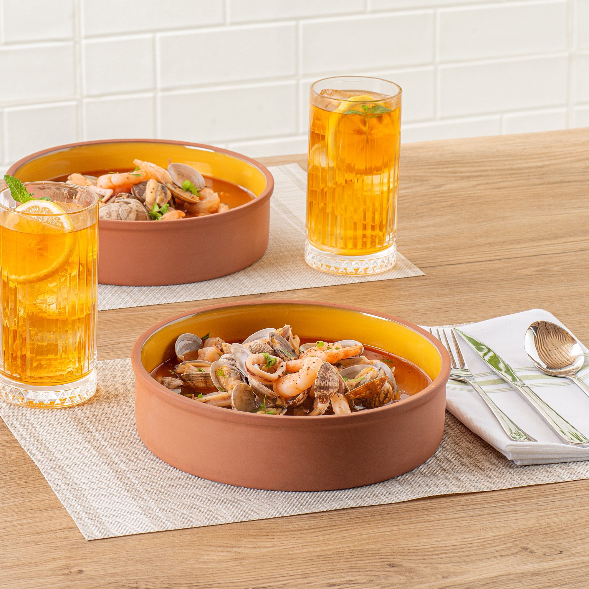 Terra Tek 51 oz Terracotta Cazuela Bowl - Yellow Glazed Interior, Oven-Safe, Microwave-Safe - 9'' x 9'' x 2 1/4'' - 10 count box