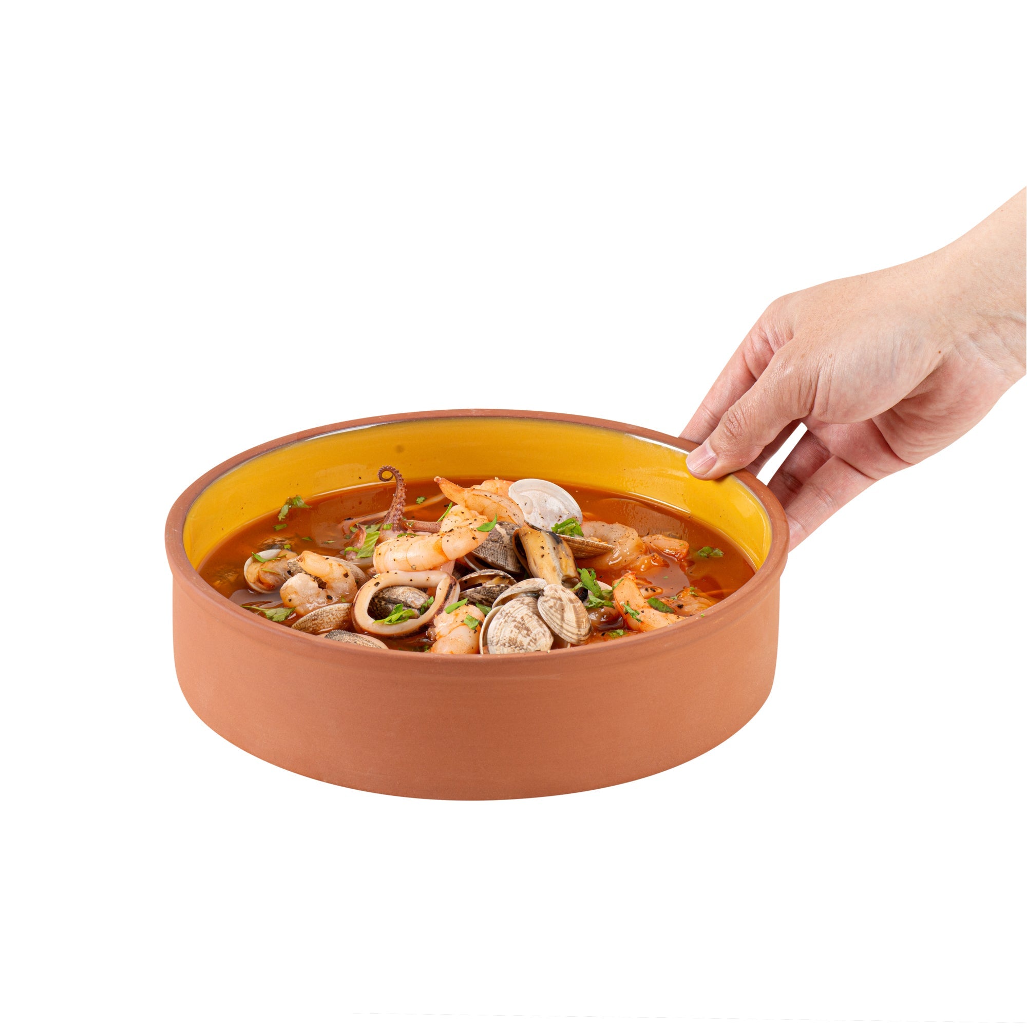 Terra Tek 51 oz Terracotta Cazuela Bowl - Yellow Glazed Interior, Oven-Safe, Microwave-Safe - 9'' x 9'' x 2 1/4'' - 10 count box