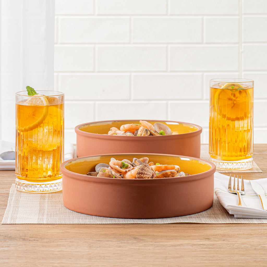 Terra Tek 51 oz Terracotta Cazuela Bowl - Yellow Glazed Interior, Oven-Safe, Microwave-Safe - 9'' x 9'' x 2 1/4'' - 10 count box