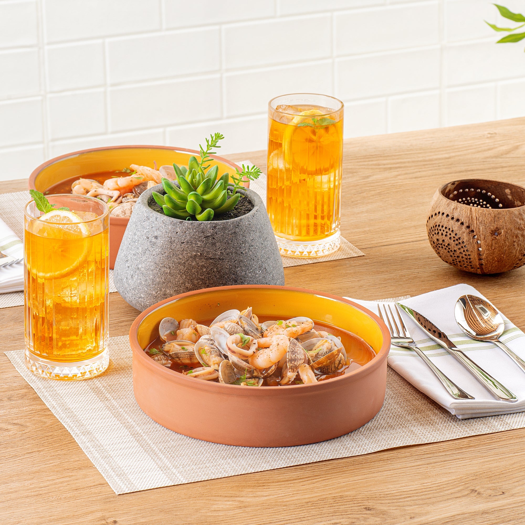 Terra Tek 51 oz Terracotta Cazuela Bowl - Yellow Glazed Interior, Oven-Safe, Microwave-Safe - 9'' x 9'' x 2 1/4'' - 10 count box