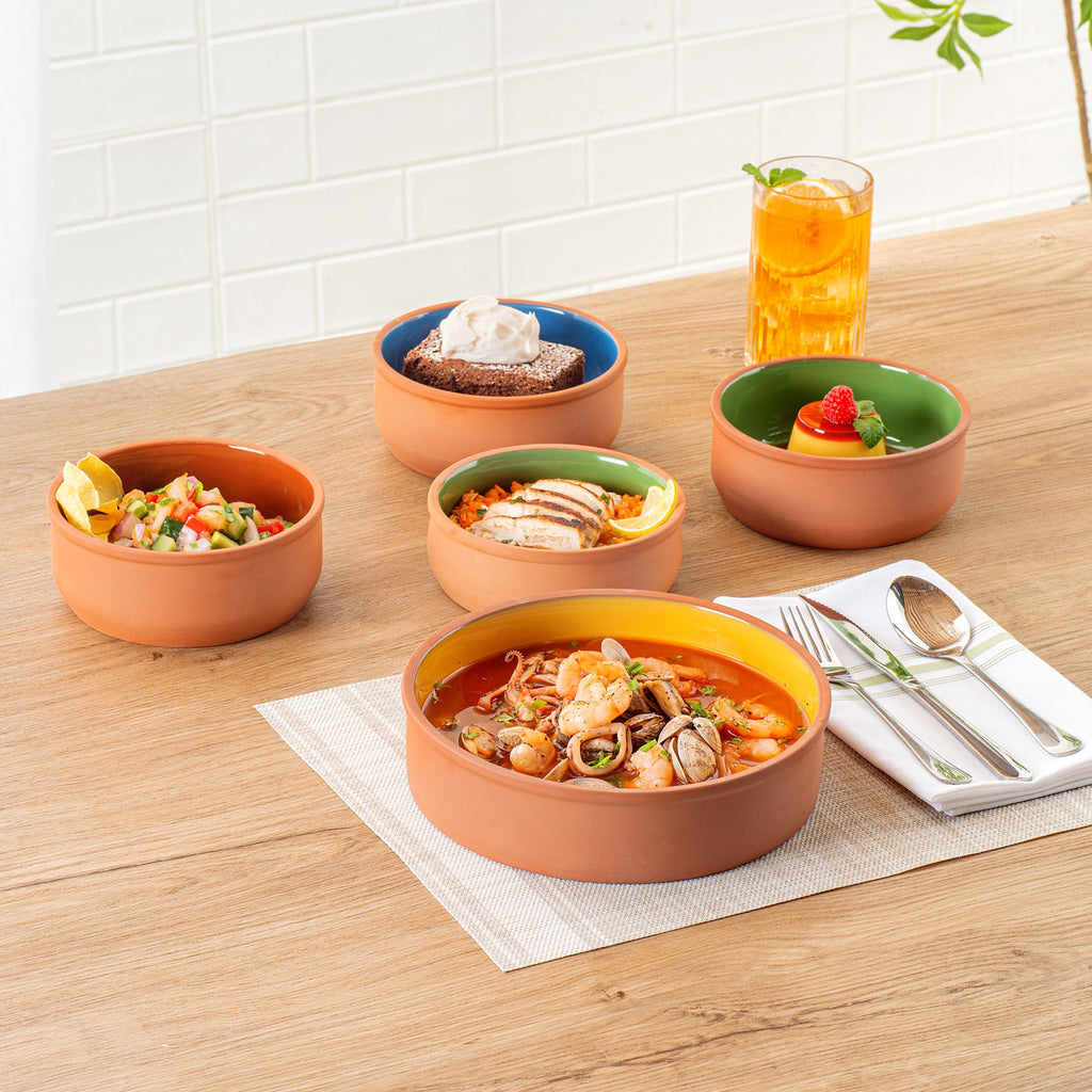 Terra Tek 51 oz Terracotta Cazuela Bowl - Yellow Glazed Interior, Oven-Safe, Microwave-Safe - 9'' x 9'' x 2 1/4'' - 10 count box