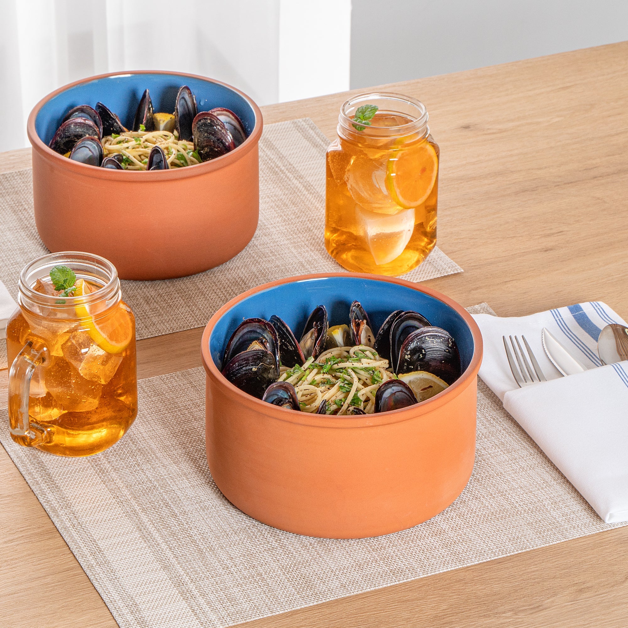 Terra Tek 68 oz Terracotta Cazuela Bowl - Blue Glazed Interior, Oven-Safe, Microwave-Safe - 7 1/2'' x 7 1/2'' x 4'' - 10 count box
