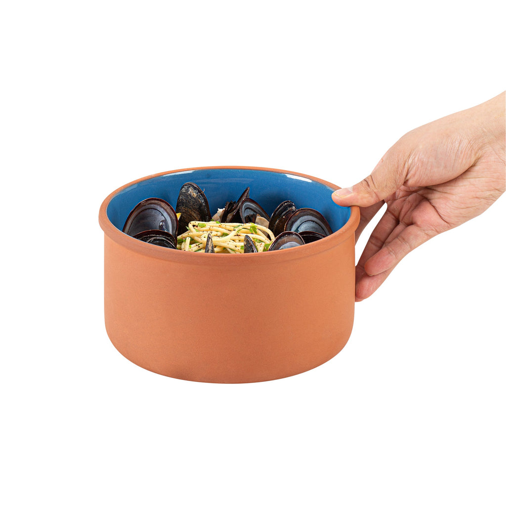 Terra Tek 68 oz Terracotta Cazuela Bowl - Blue Glazed Interior, Oven-Safe, Microwave-Safe - 7 1/2'' x 7 1/2'' x 4'' - 10 count box